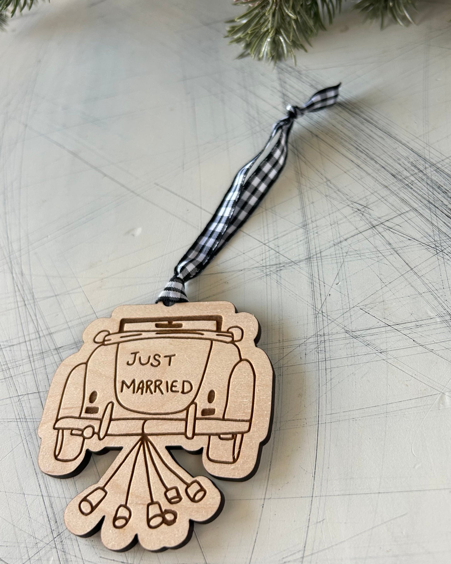 Just Married engraved maple vintage car ornament by Novotny Designs 