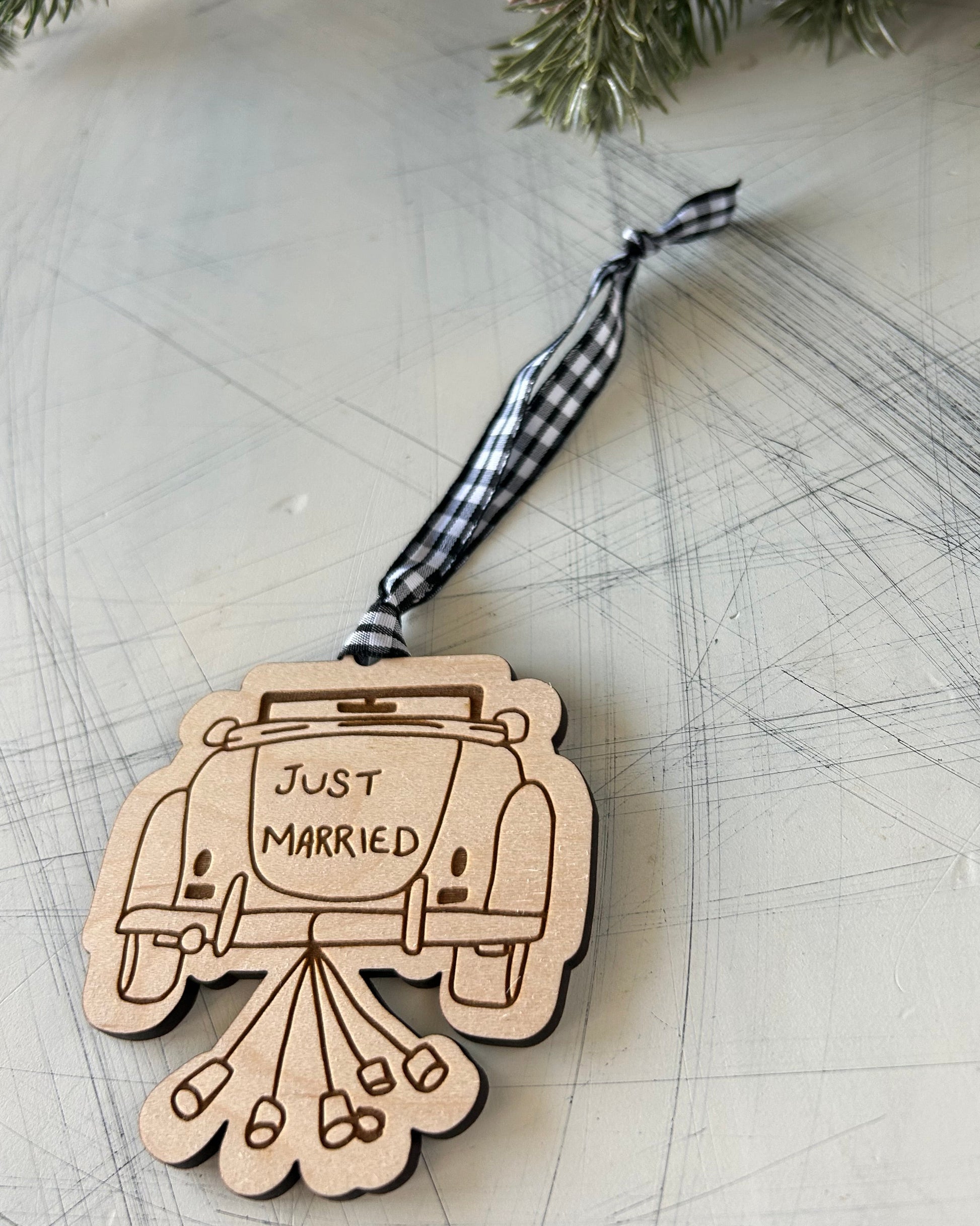 Just Married engraved maple vintage car ornament by Novotny Designs 