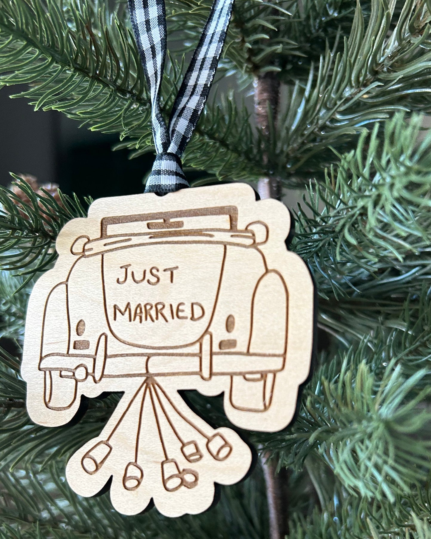 Just Married engraved maple vintage car ornament by Novotny Designs 