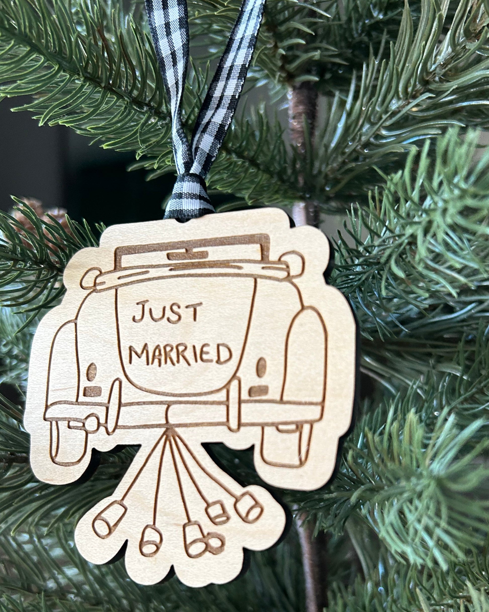 Just Married engraved maple vintage car ornament by Novotny Designs 