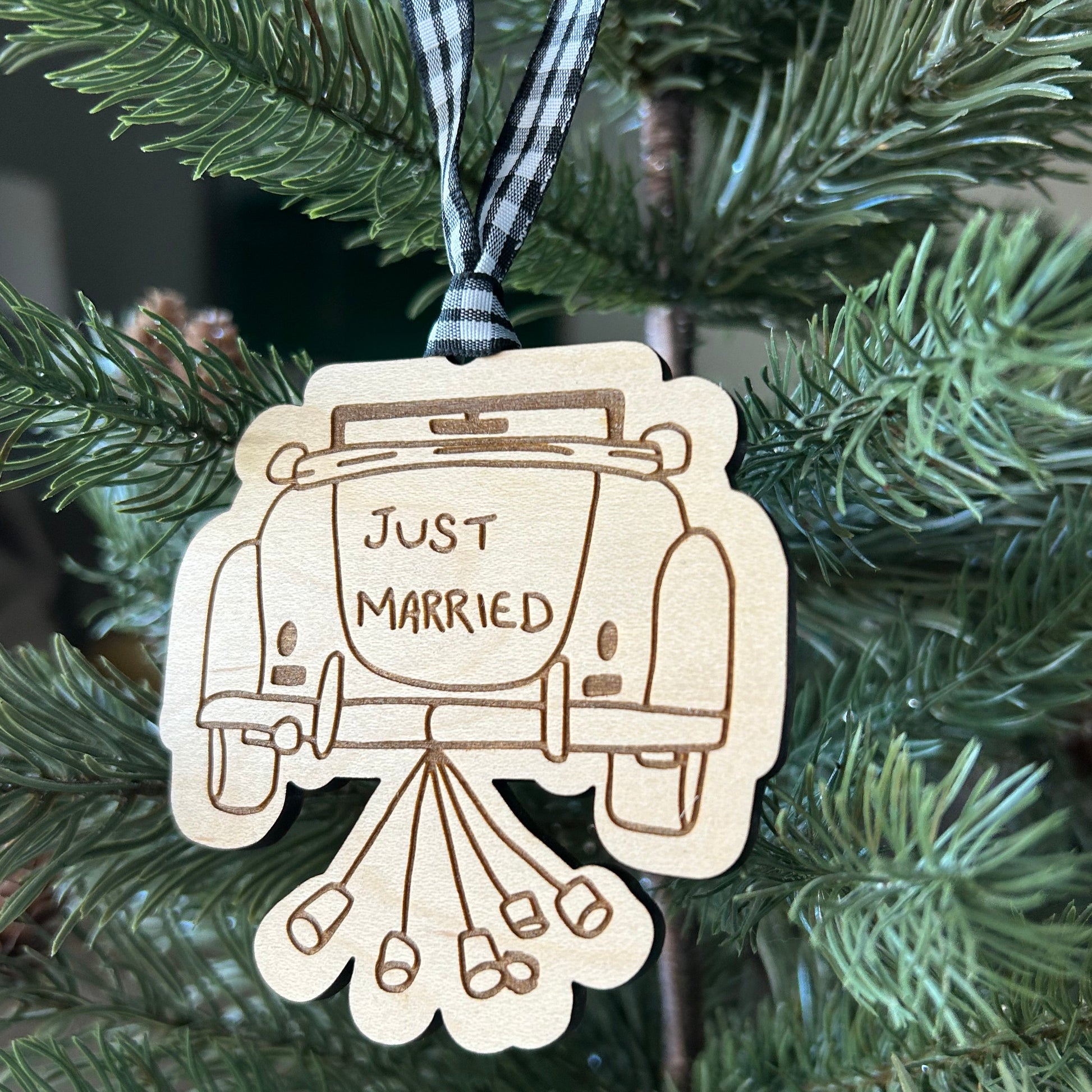 Just Married engraved maple vintage car ornament by Novotny Designs 