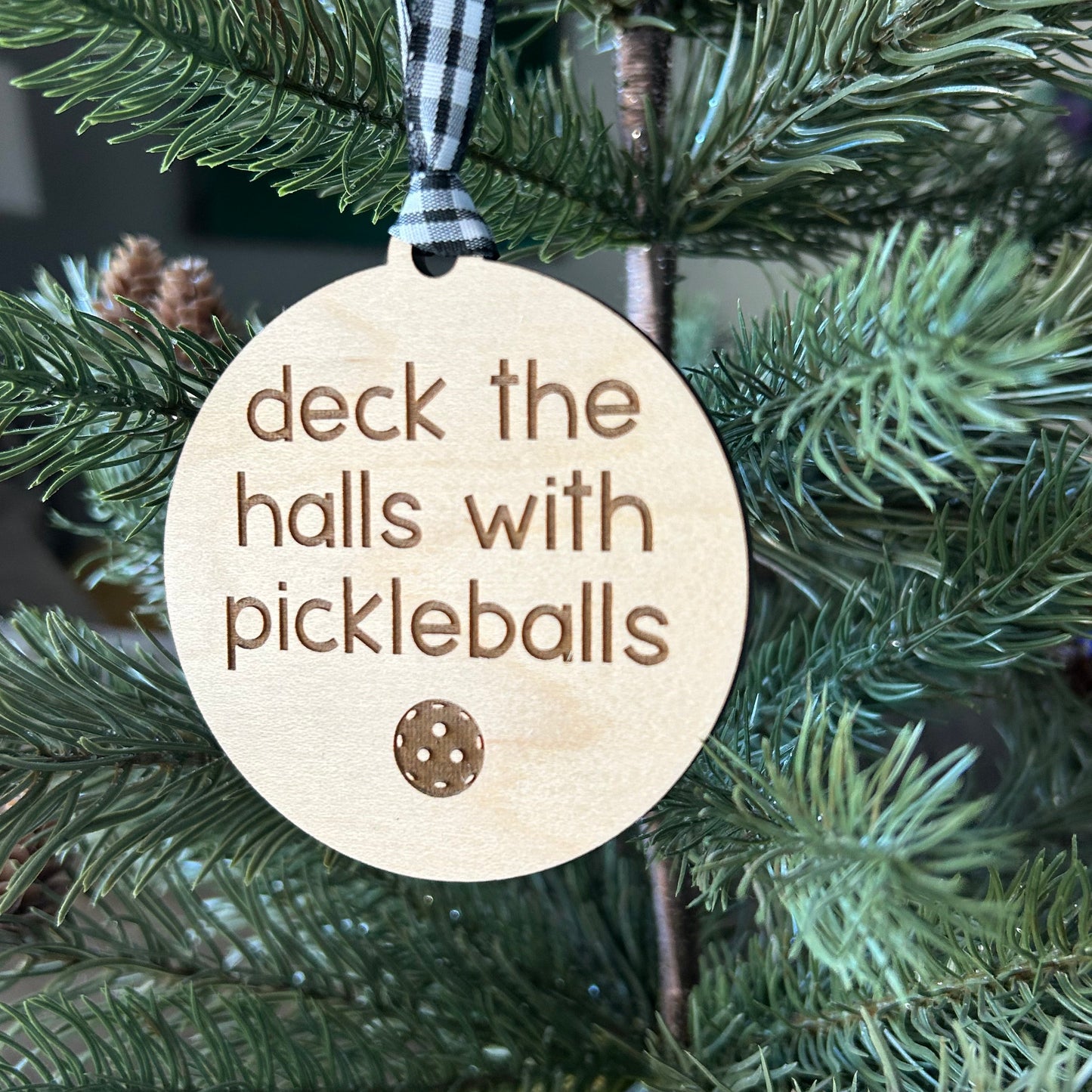 Deck the halls with pickleballs - Novotny Designs engraved maple ornament