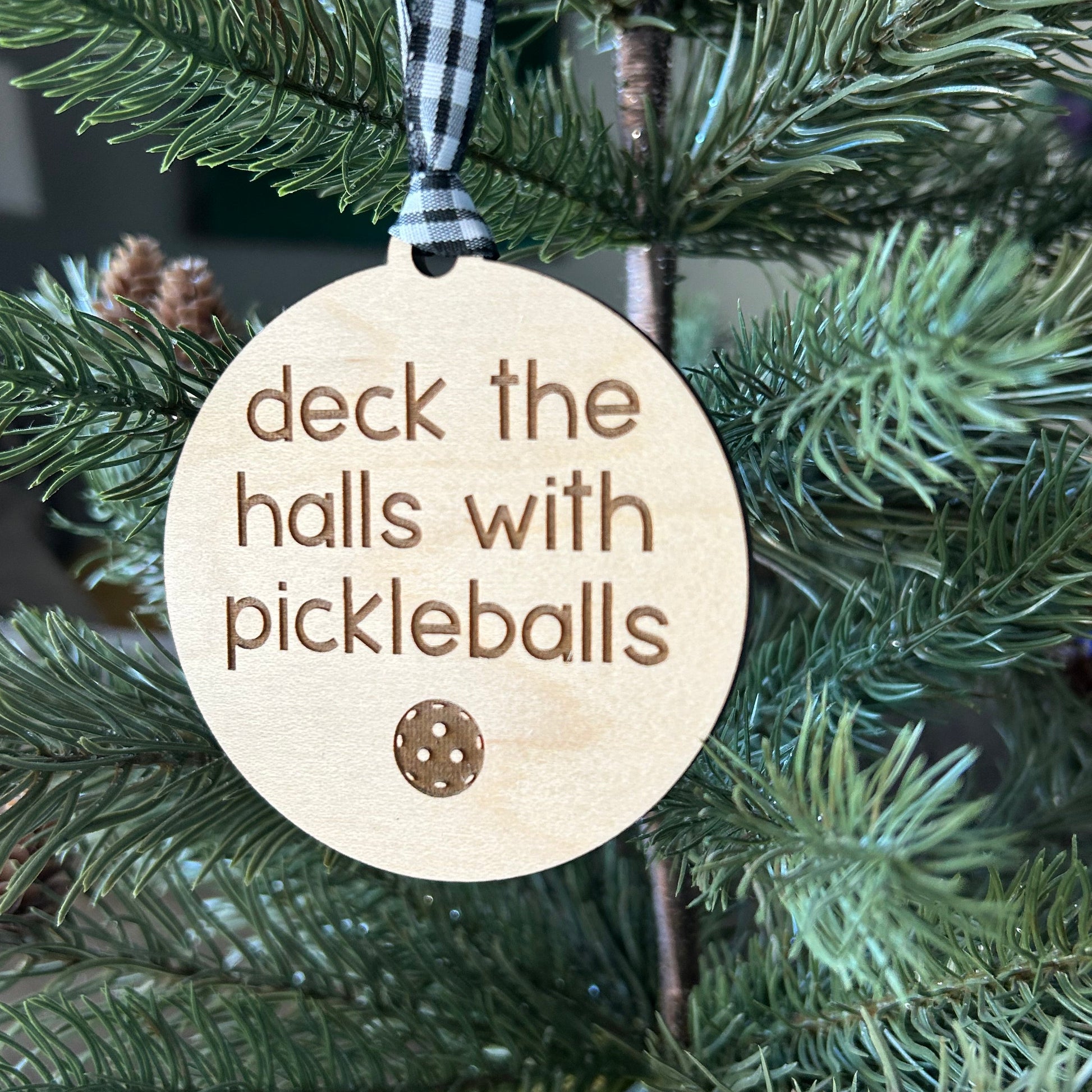 Deck the halls with pickleballs - Novotny Designs engraved maple ornament