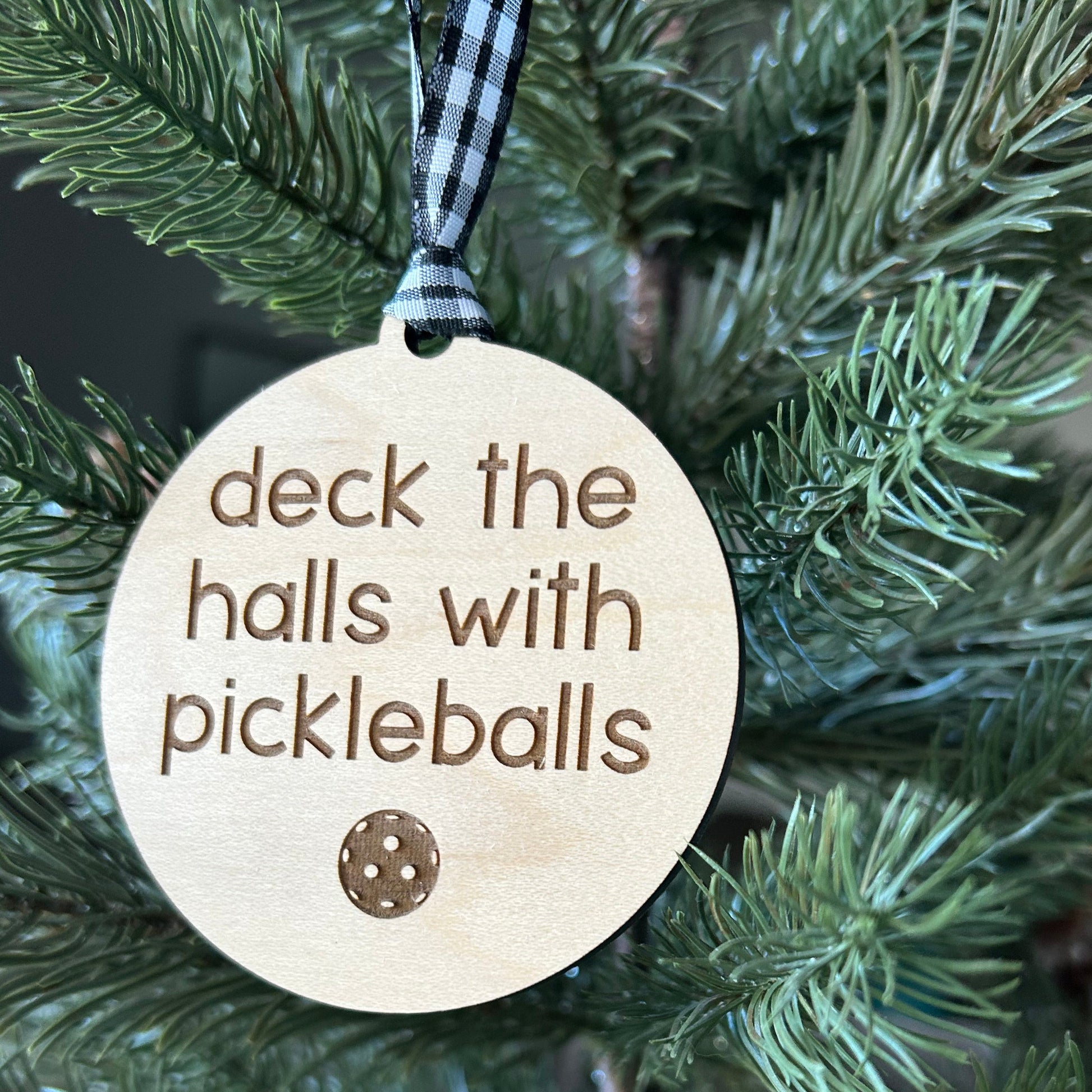 Deck the halls with pickleballs - Novotny Designs engraved maple ornament