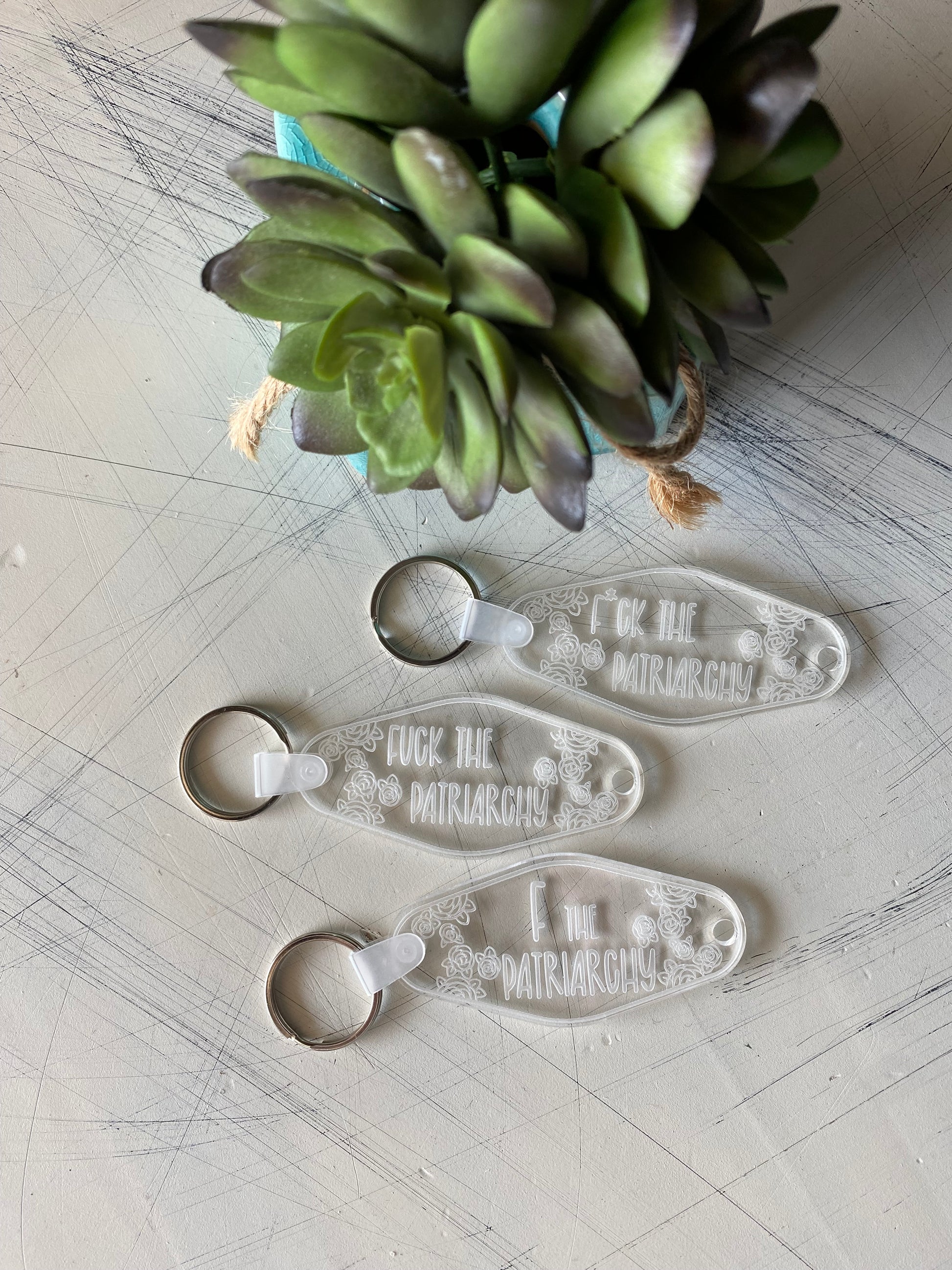 F the patriarchy - engraved clear acrylic motel style keychains - Novotny Designs
