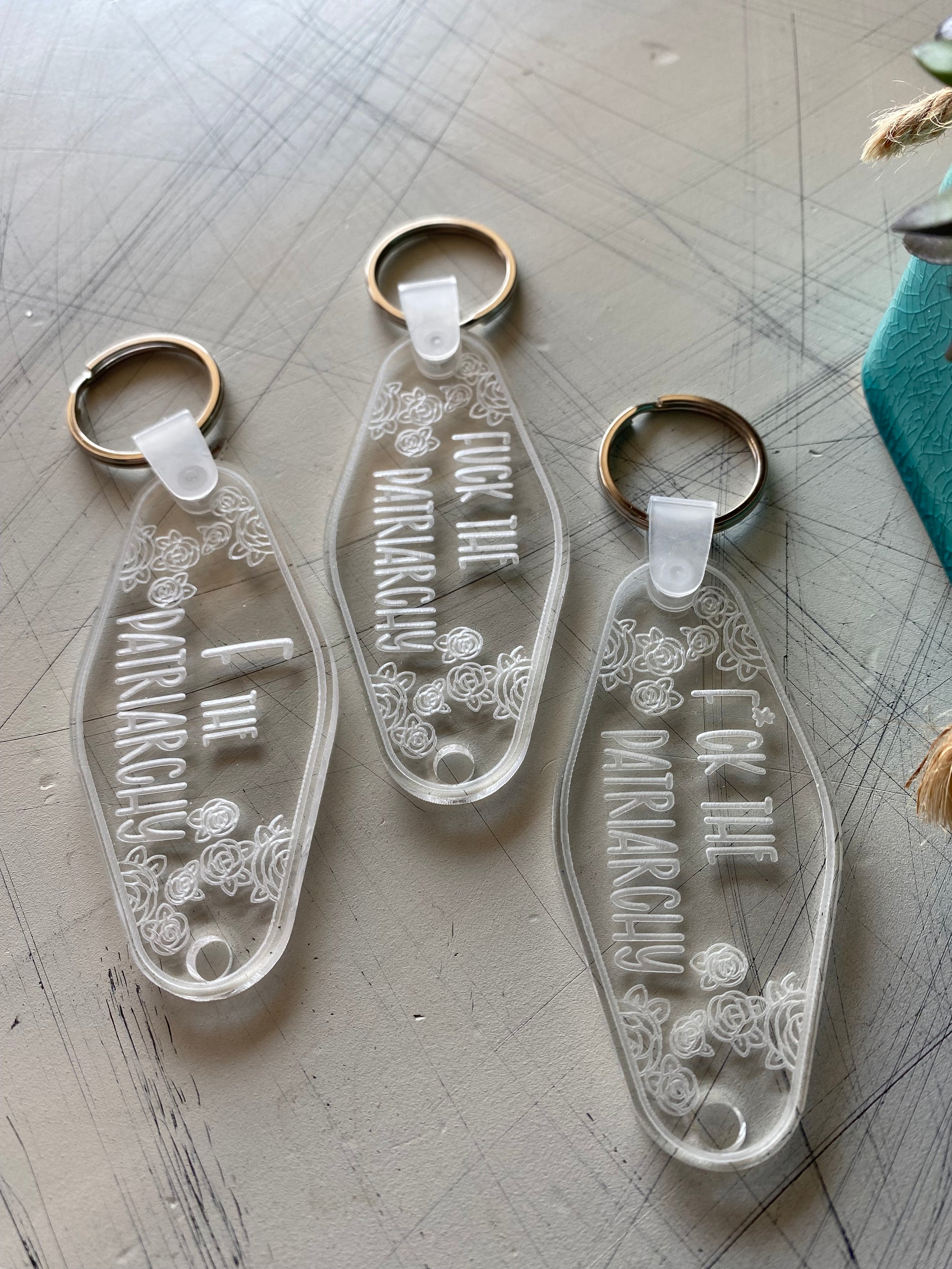 F the patriarchy - engraved clear acrylic motel style keychains - Novotny Designs