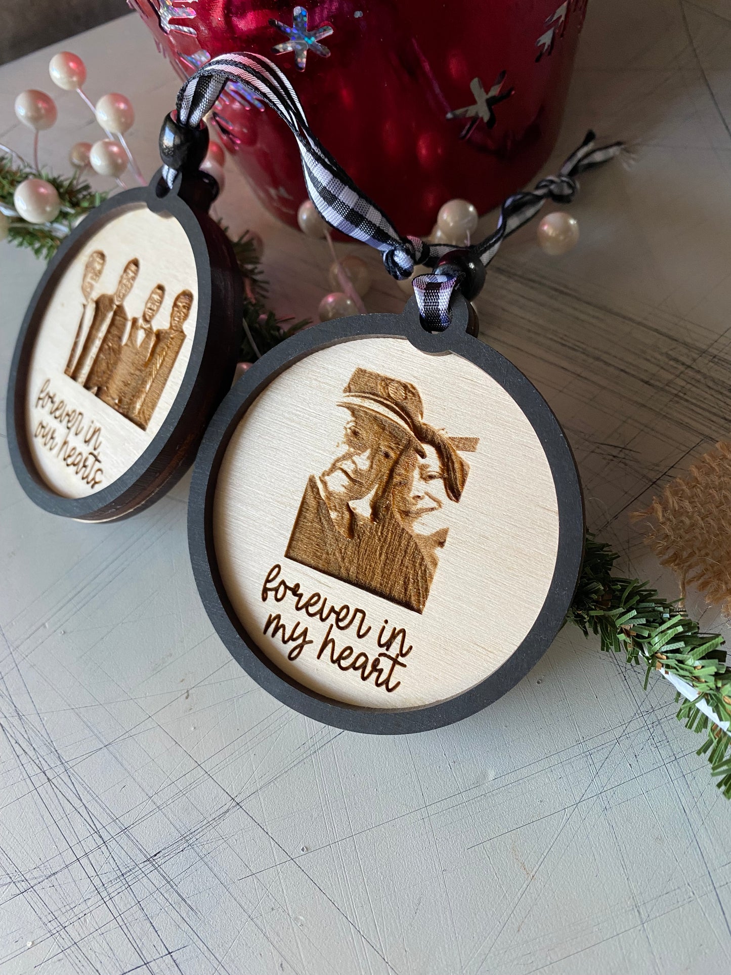 Forever in our hearts - Forever in my heart - Photo engraved ornament memorial gift - Novotny Designs