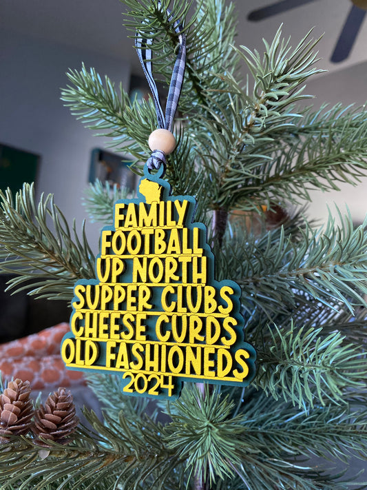 Handmade Wisconsin favorite things ornament - Novotny Designs - green and yellow with buffalo plaid ribbon