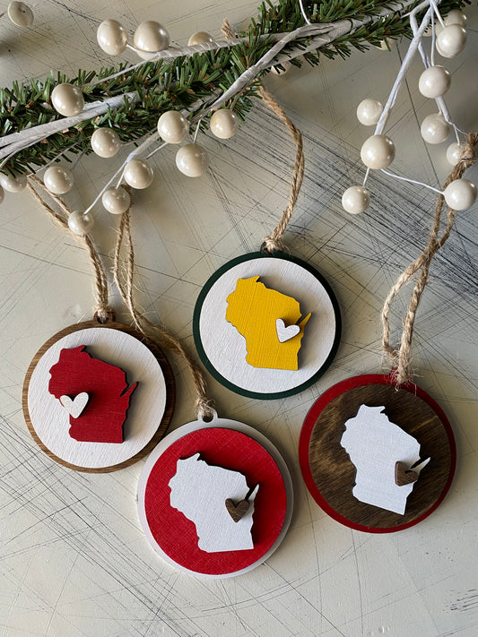 Handmade Wisconsin round ornament with heart - customizable! - Novotny Designs