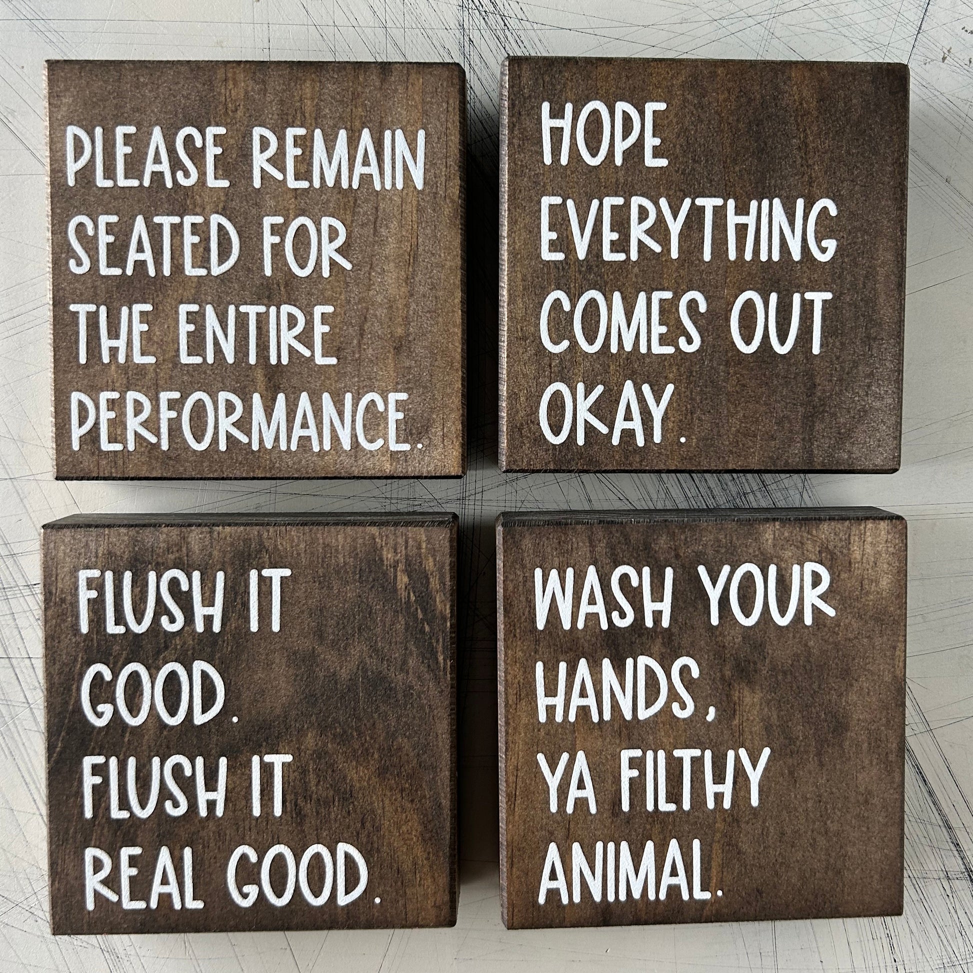 Funny bathroom signs - set of four handmade decor by Novotny Designs
