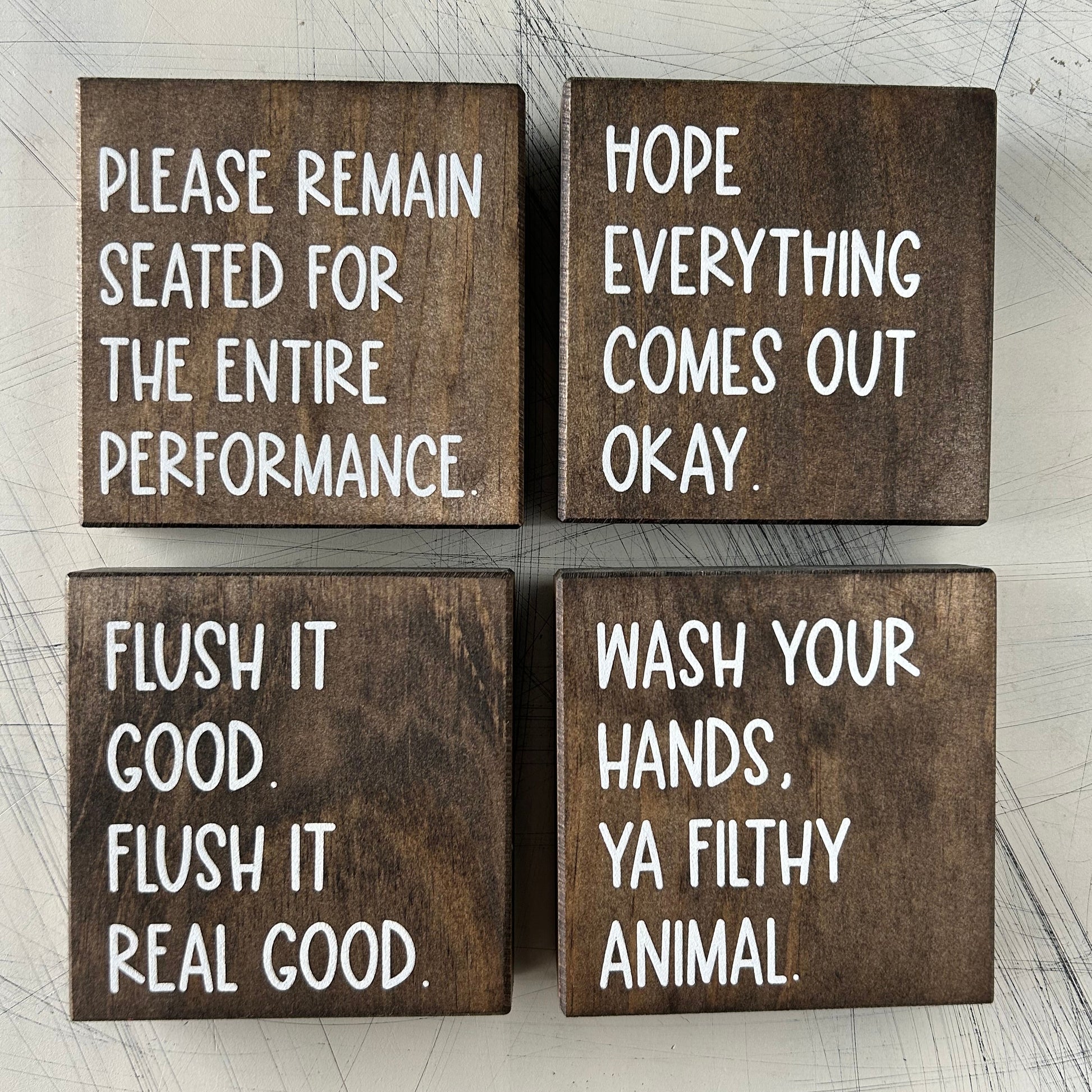 Funny bathroom signs - set of four handmade decor by Novotny Designs