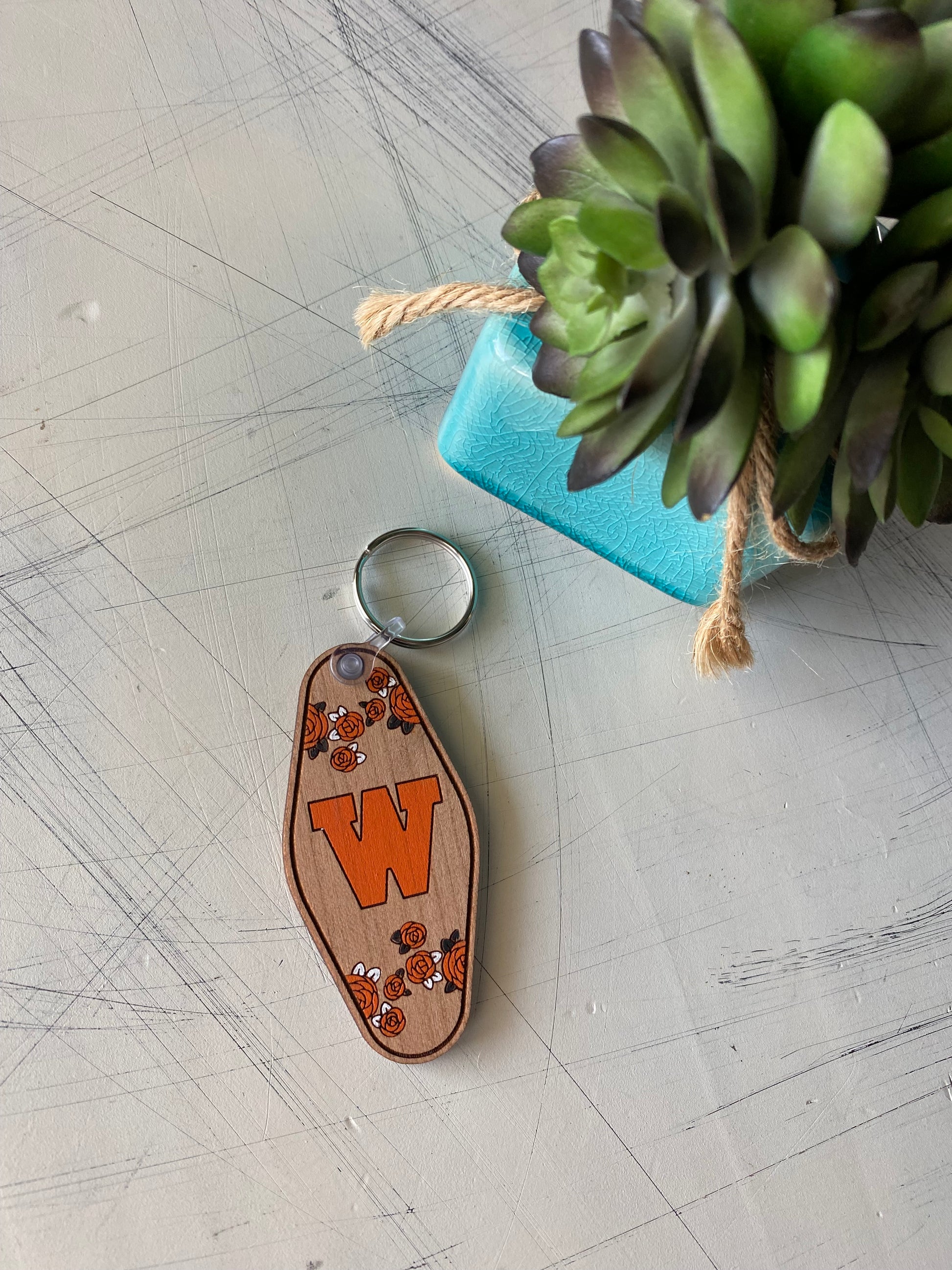 Floral West De Pere logo keychain - motel style wood keychain by Novotny Designs