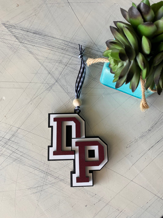 De Pere logo ornament - stacked black, white, and maroon De Pere ornament - handmade by Novotny Designs