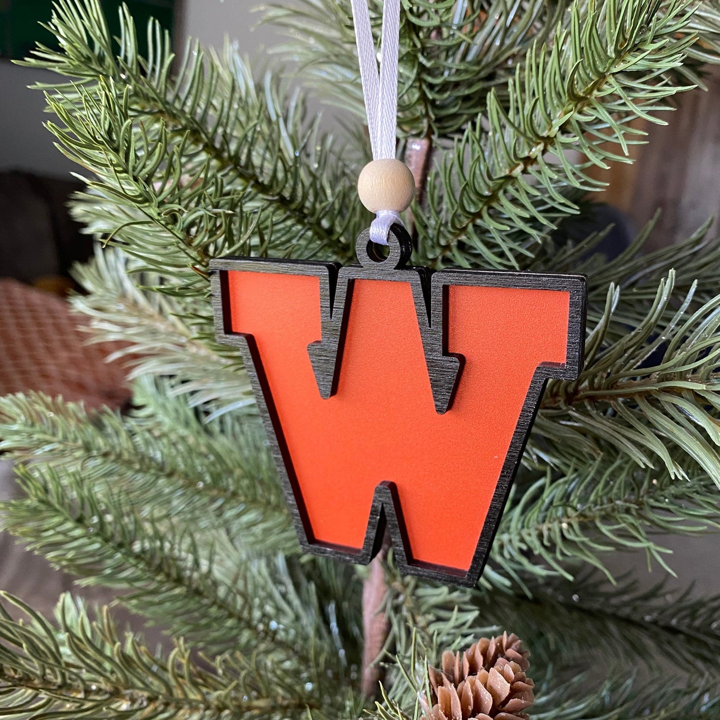 West De Pere logo ornament - black and orange W ornament - handmade by Novotny Designs