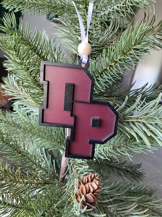 De Pere logo ornament - black and maroon De Pere ornament - handmade by Novotny Designs