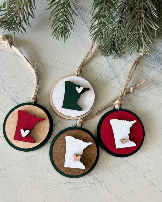 Small handmade Minnesota round ornament with heart by Novotny Designs