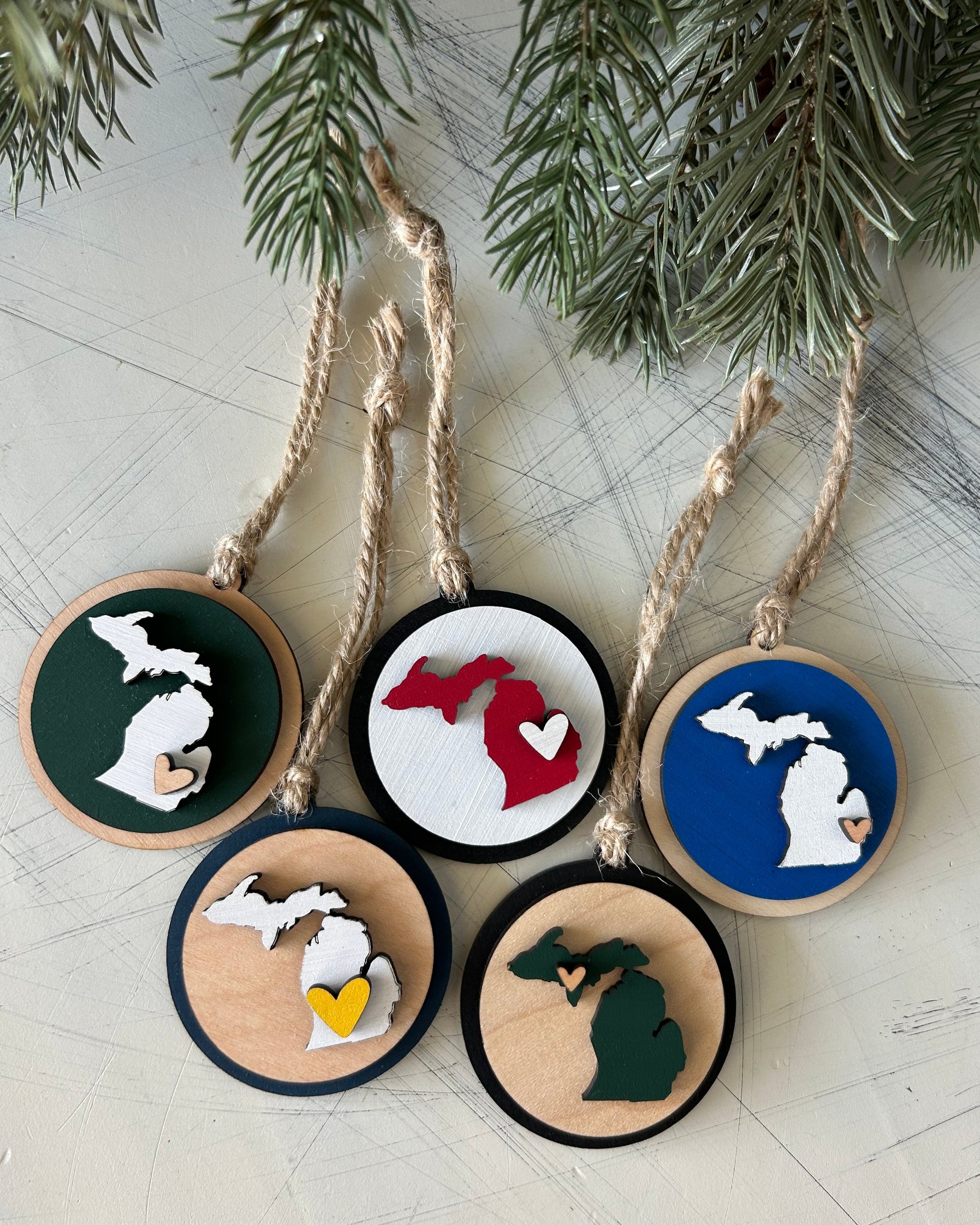 Small handmade Michigan round ornament with heart by Novotny Designs