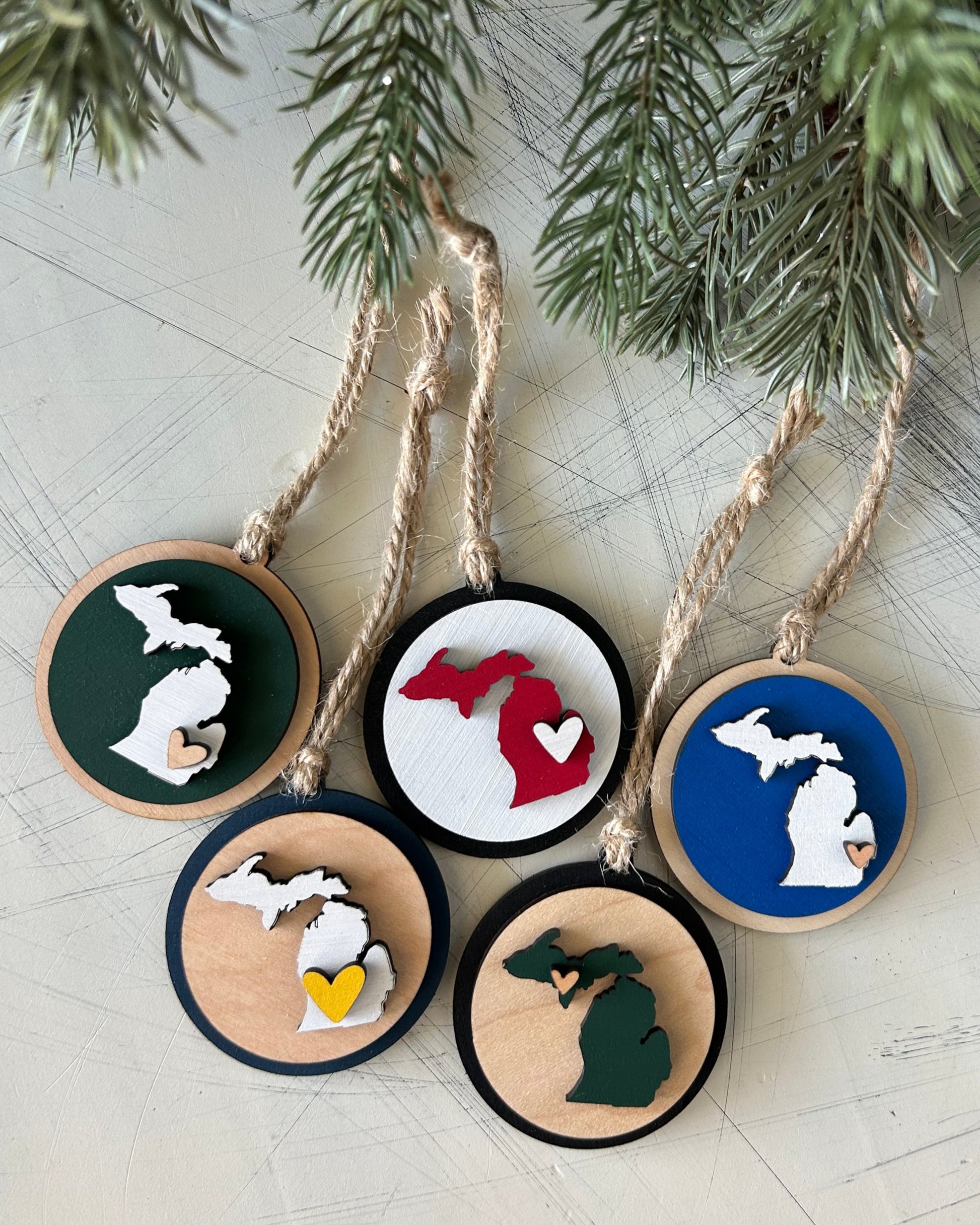 Small handmade Michigan round ornament with heart by Novotny Designs