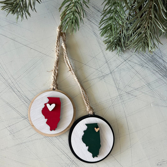 Small handmade Illinois round ornament with heart by Novotny Designs