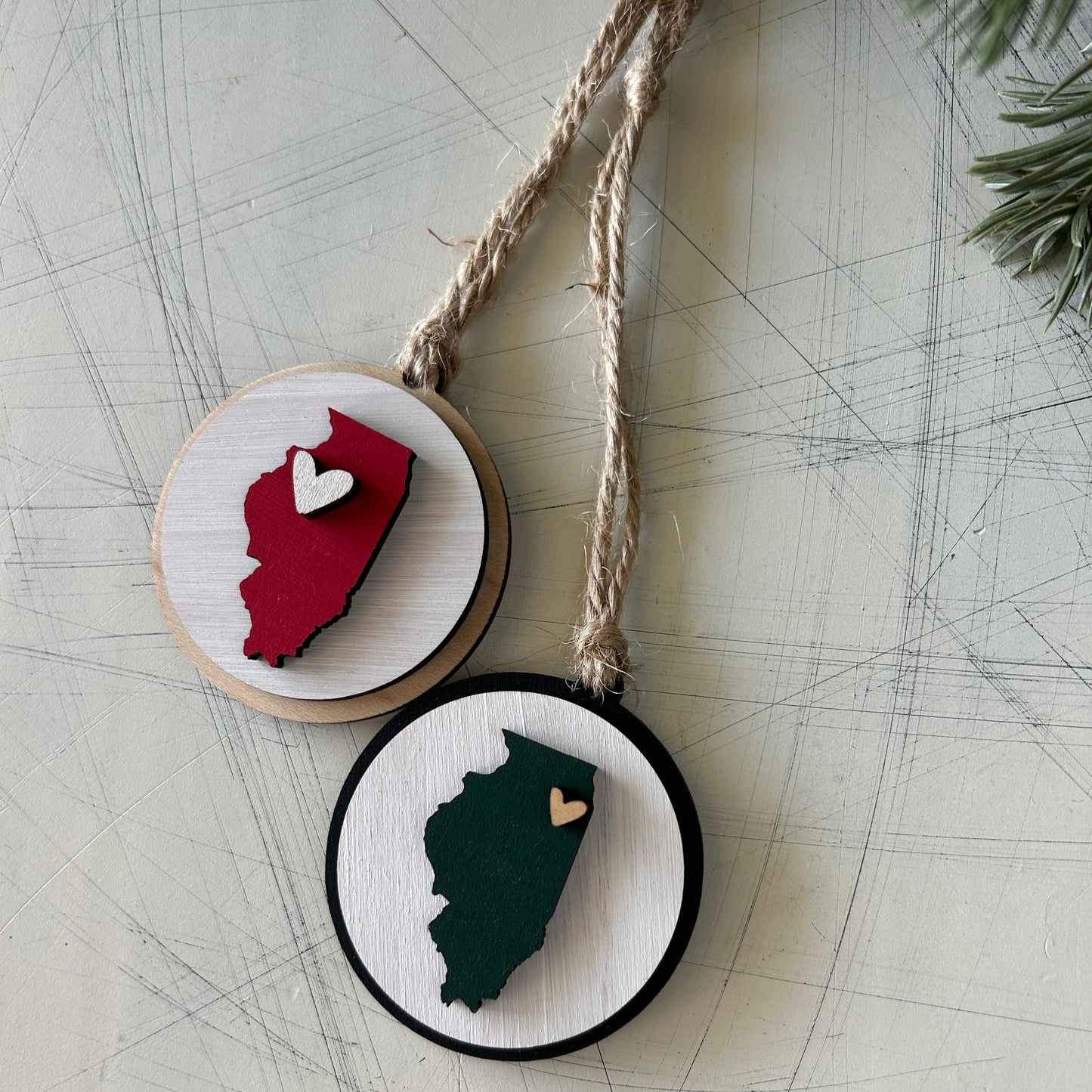 Small handmade Illinois round ornament with heart by Novotny Designs