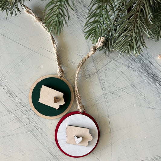 Small handmade Iowa round ornament with heart by Novotny Designs