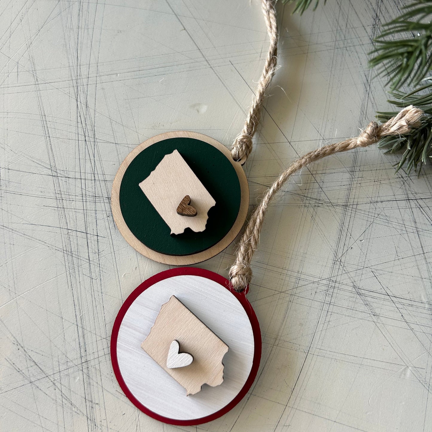Small handmade Iowa round ornament with heart by Novotny Designs