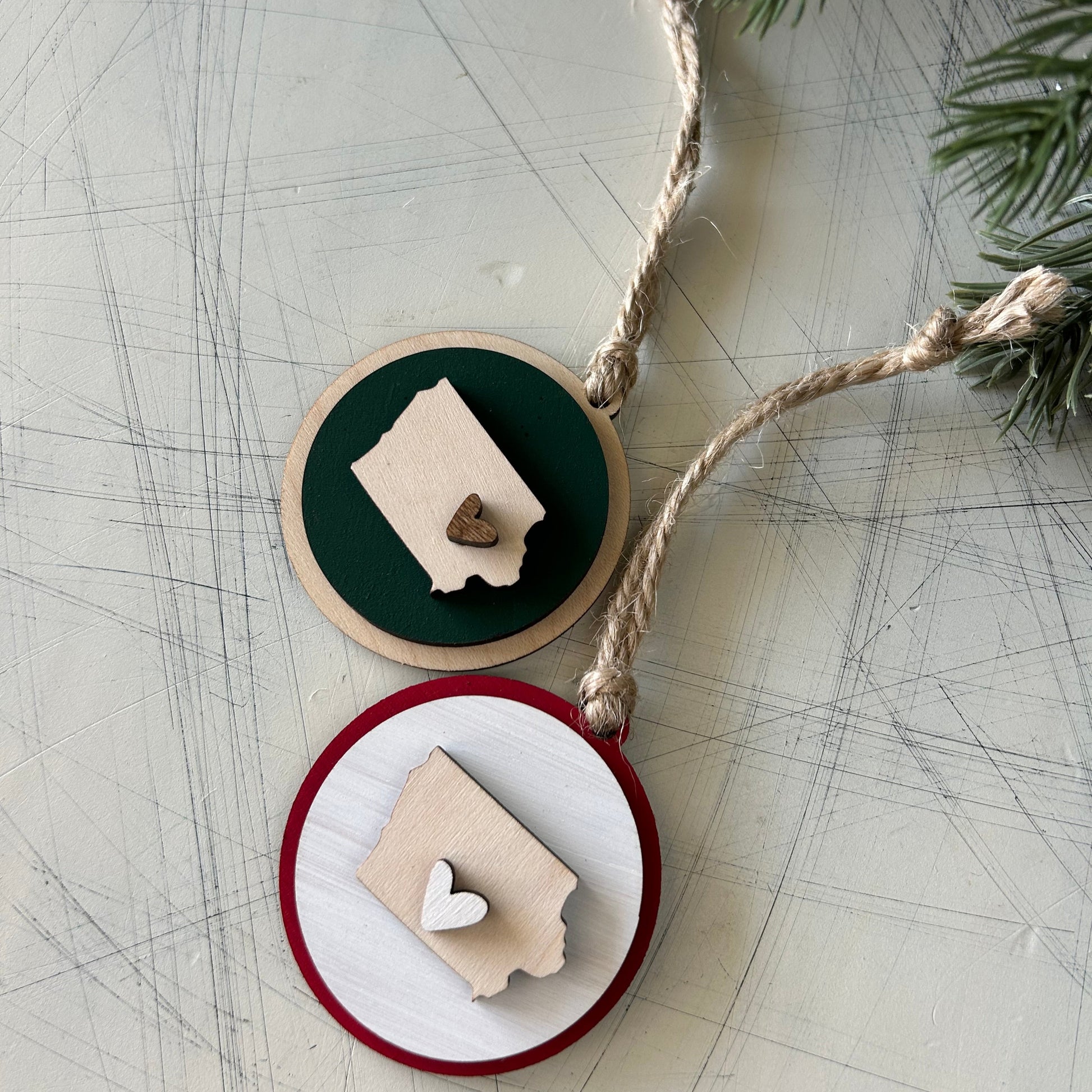 Small handmade Iowa round ornament with heart by Novotny Designs