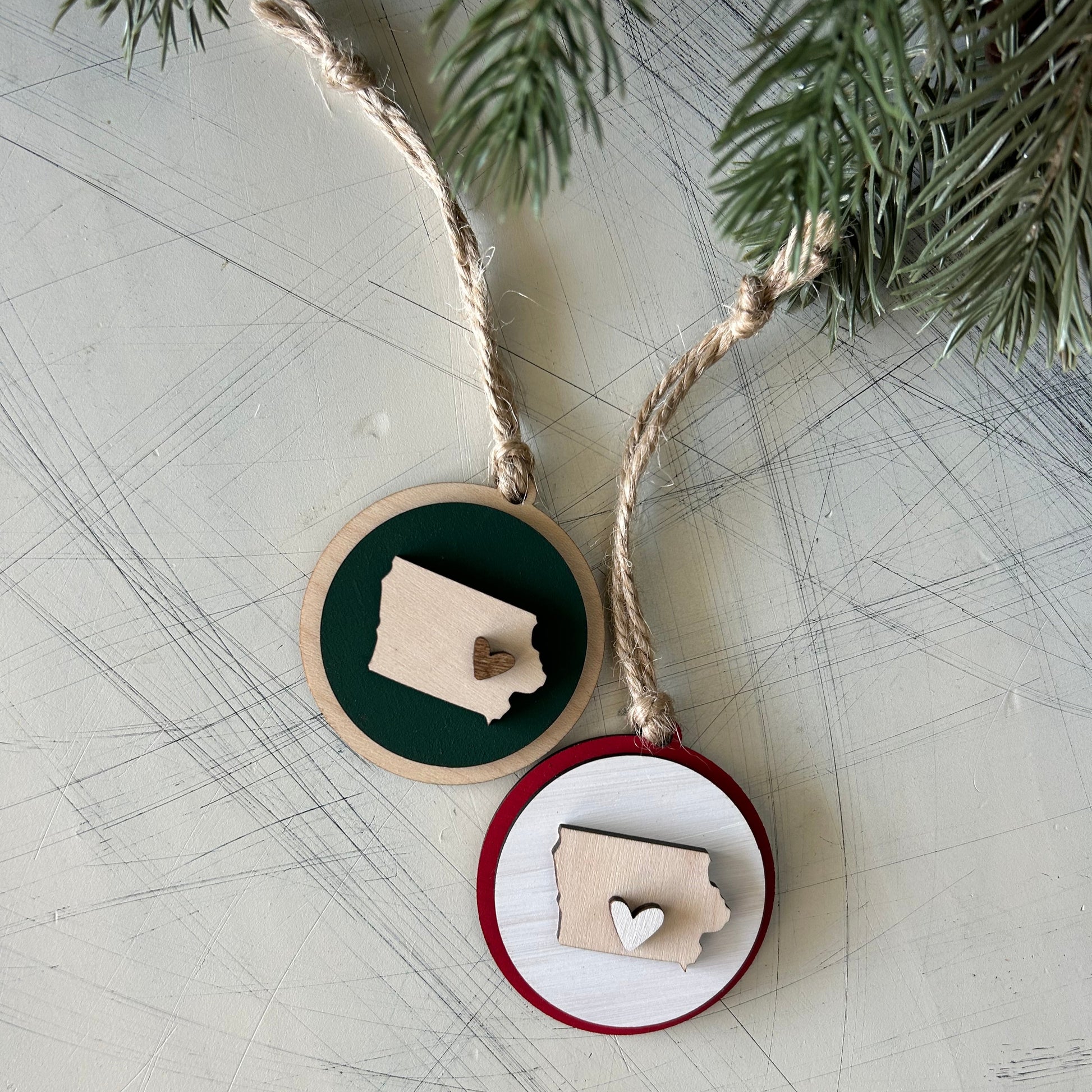 Small handmade Iowa round ornament with heart by Novotny Designs