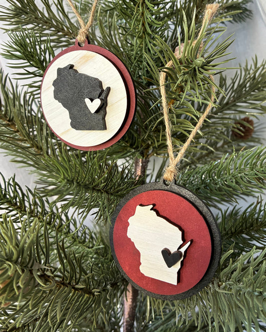 De Pere Redbirds - De Pere Cares Collection - Wisconsin round ornament with heart by Novotny Designs