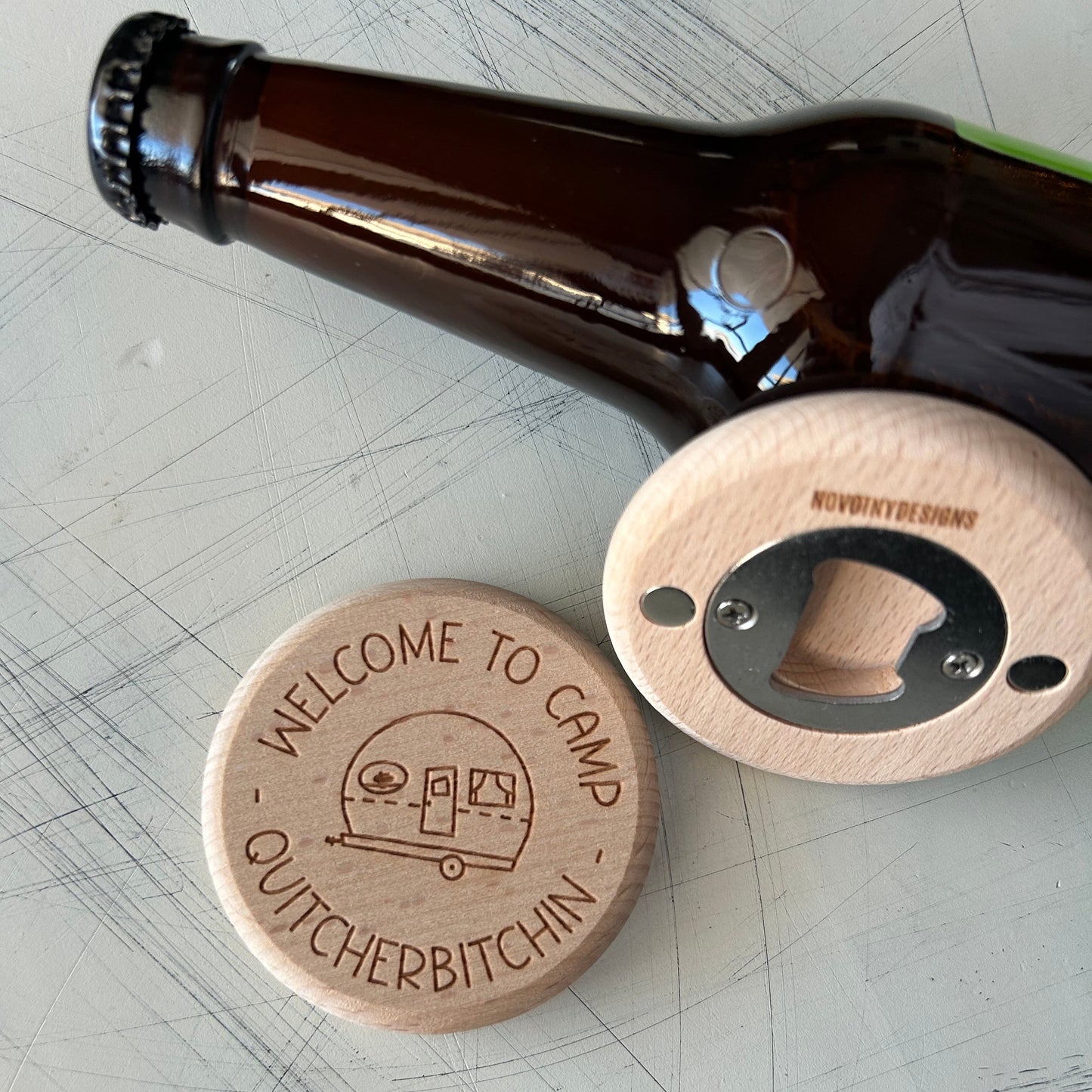 Welcome to Camp Quitcherbitchin - Novotny Designs magnetic wood bottle opener