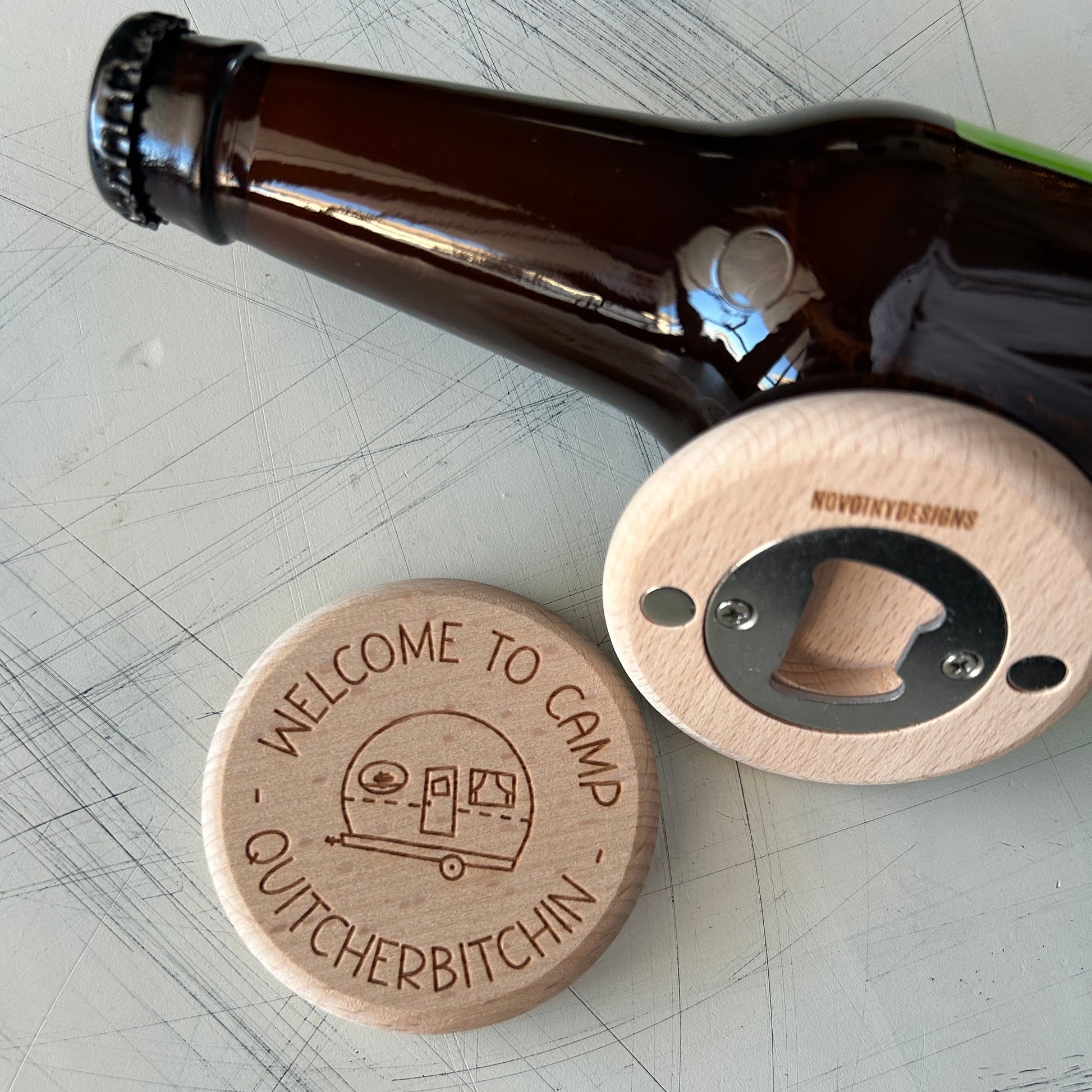 Welcome to Camp Quitcherbitchin - Novotny Designs magnetic wood bottle opener
