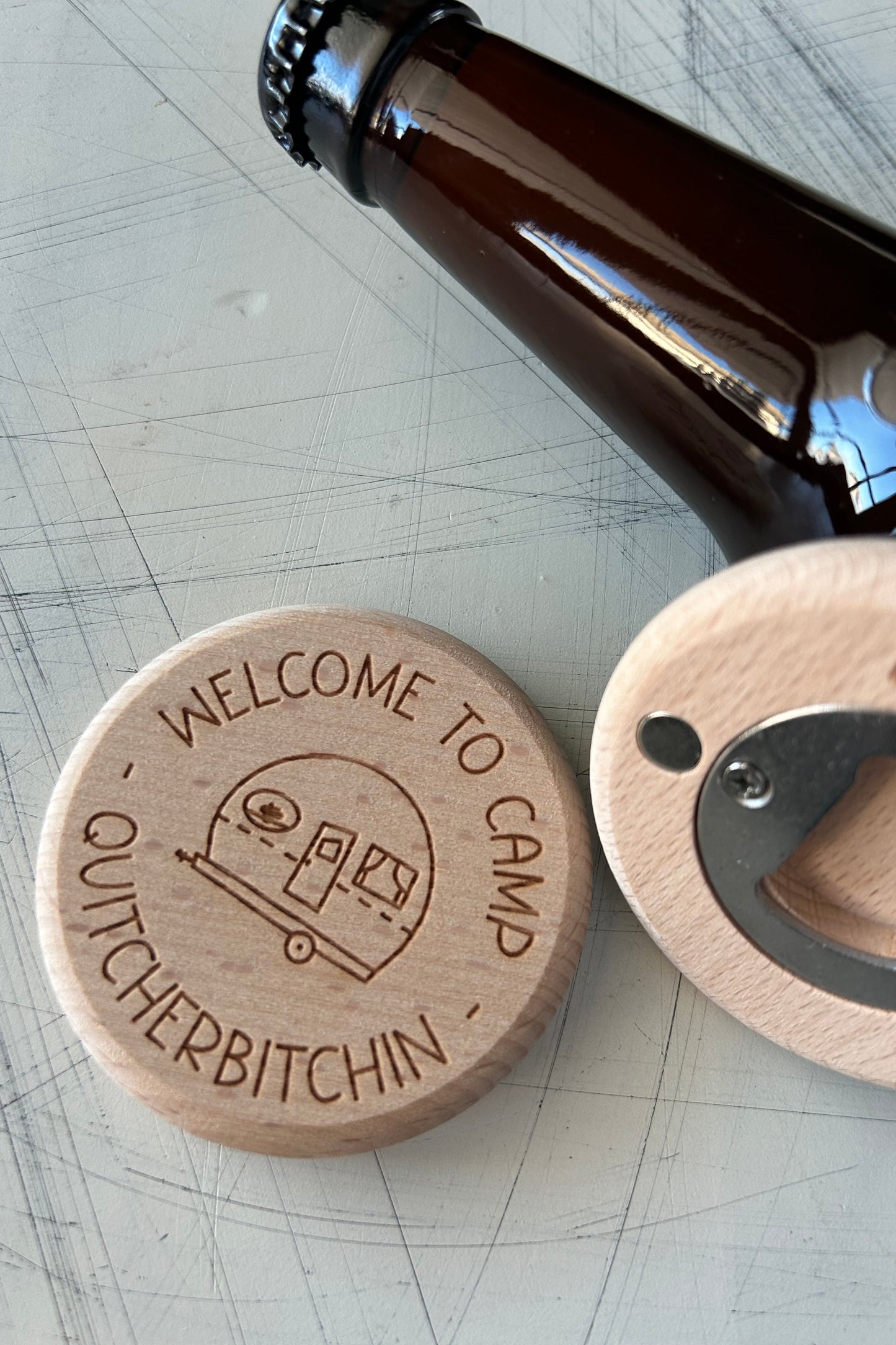 Welcome to Camp Quitcherbitchin - Novotny Designs magnetic wood bottle opener