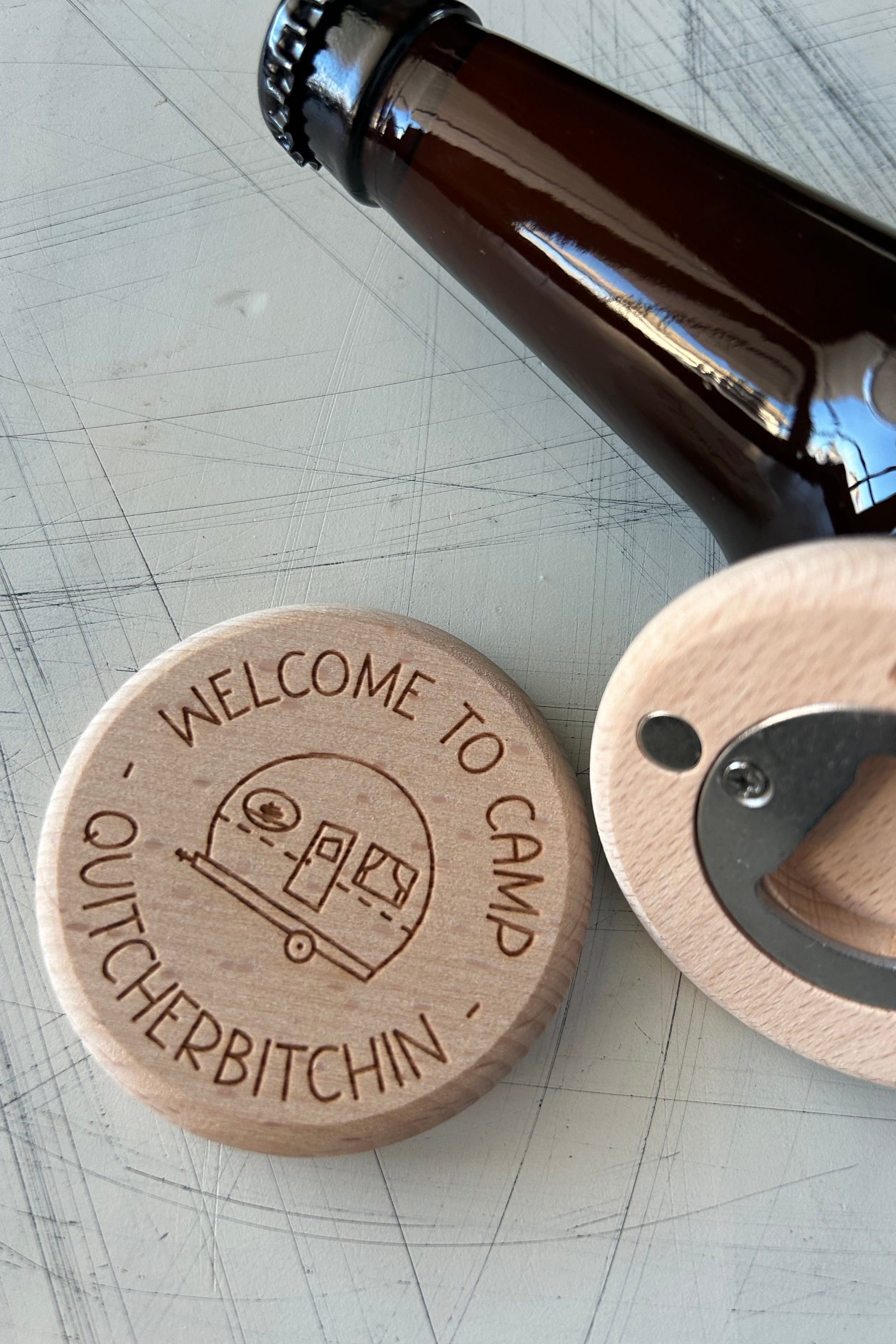 Welcome to Camp Quitcherbitchin - Novotny Designs magnetic wood bottle opener