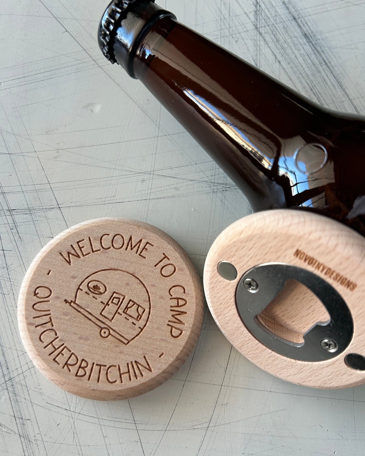 Welcome to Camp Quitcherbitchin - Novotny Designs magnetic wood bottle opener