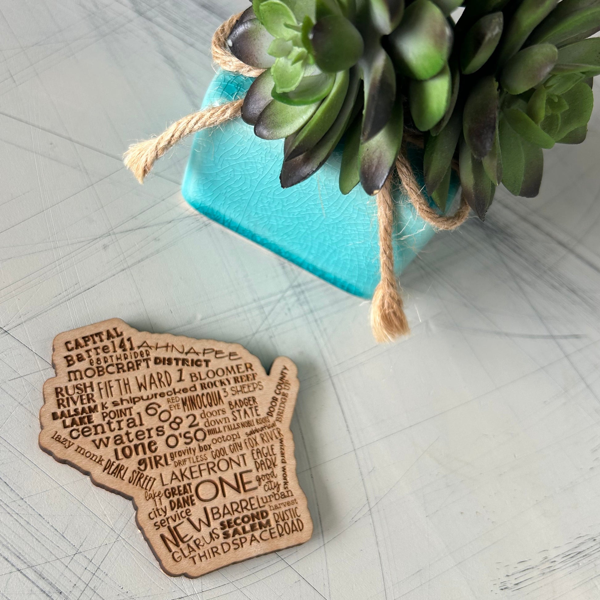 Wisconsin breweries engraved wood refrigerator magnet