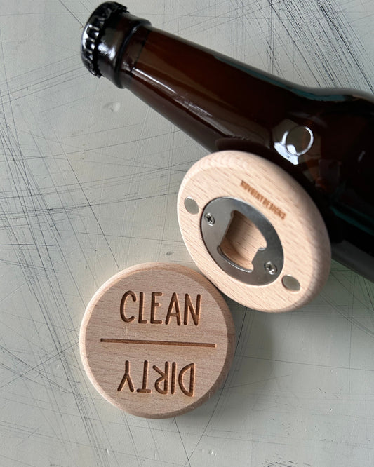 Clean/Dirty - magnetic wood dishwasher magnet and bottle opener by Novotny Designs