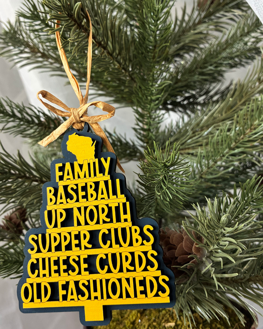 Handmade Wisconsin favorite things tree-shaped ornament in navy blue and yellow by Novotny Designs