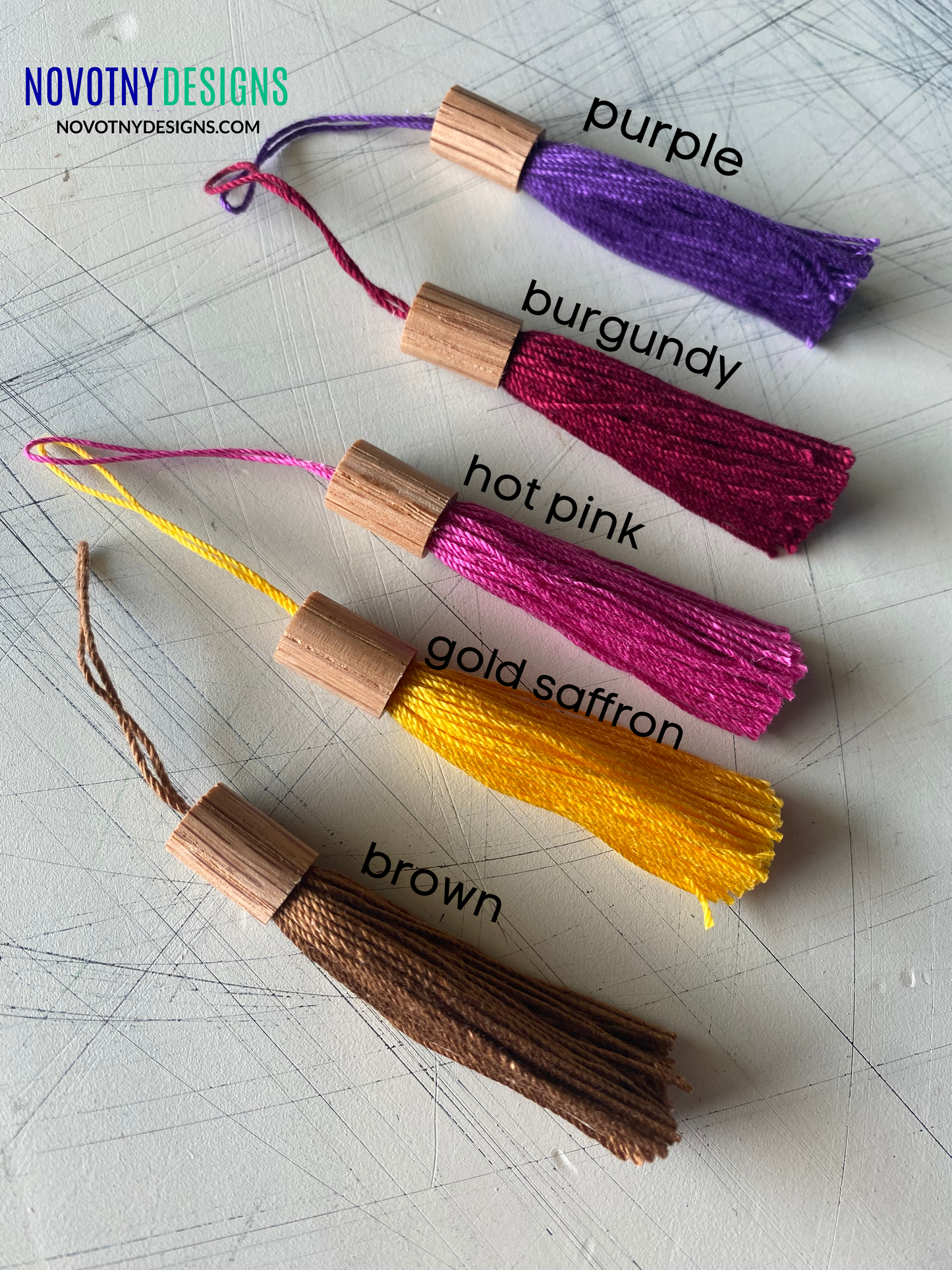 Bookmark tassel color selections - purple, burgundy, hot pink, gold saffron, brown