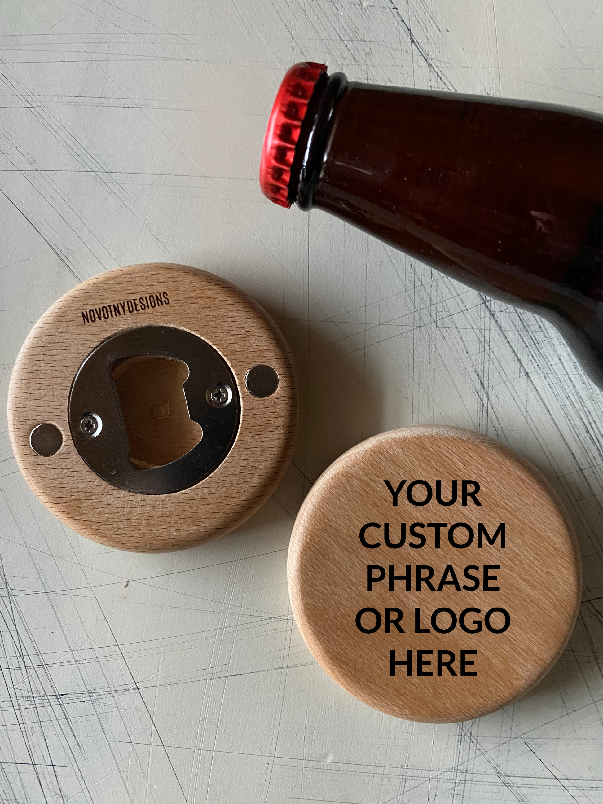 Customizable engraved wood bottle opener - Novotny Designs