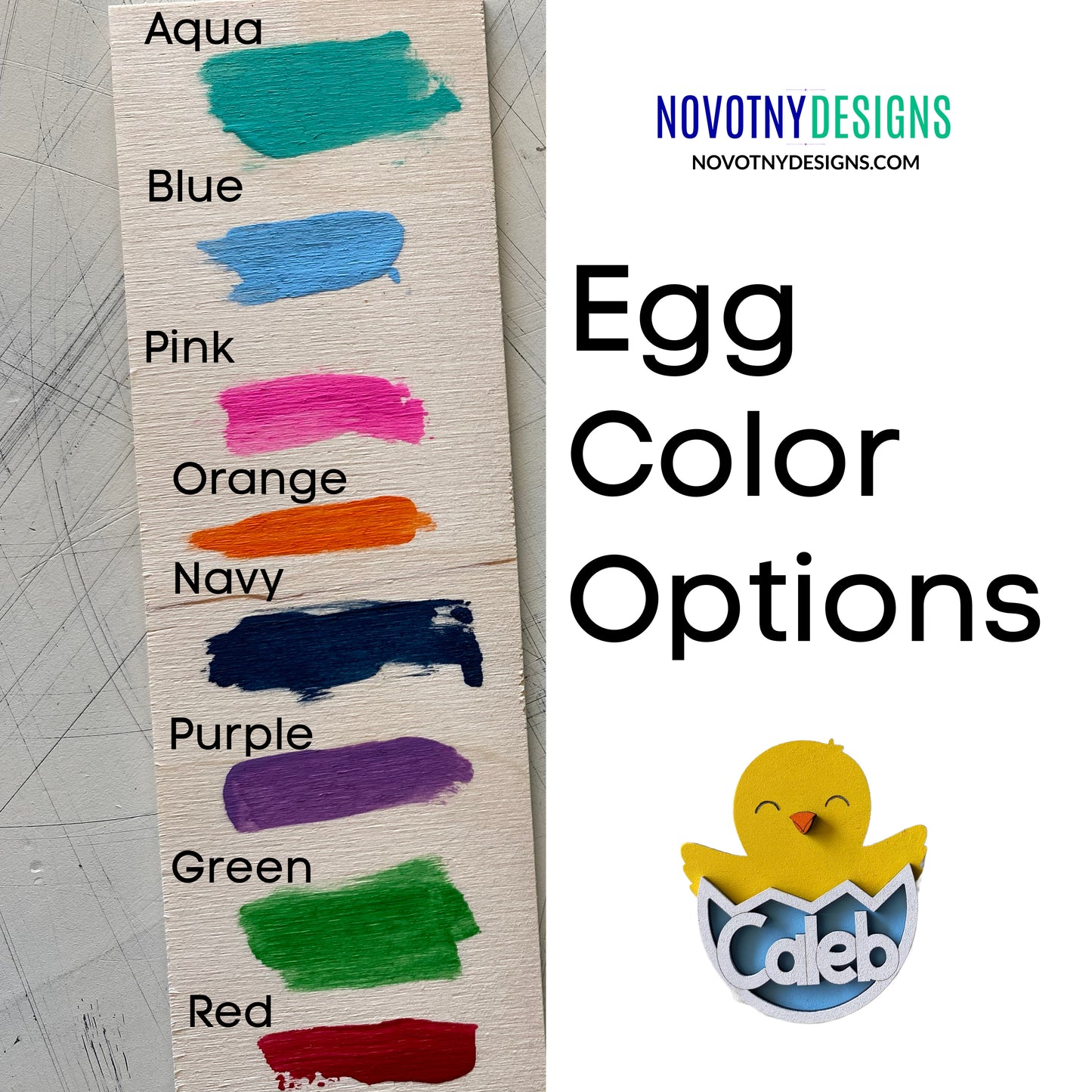 Choose your egg color for the Personalized Easter chick wood magnet - Novotny Designs