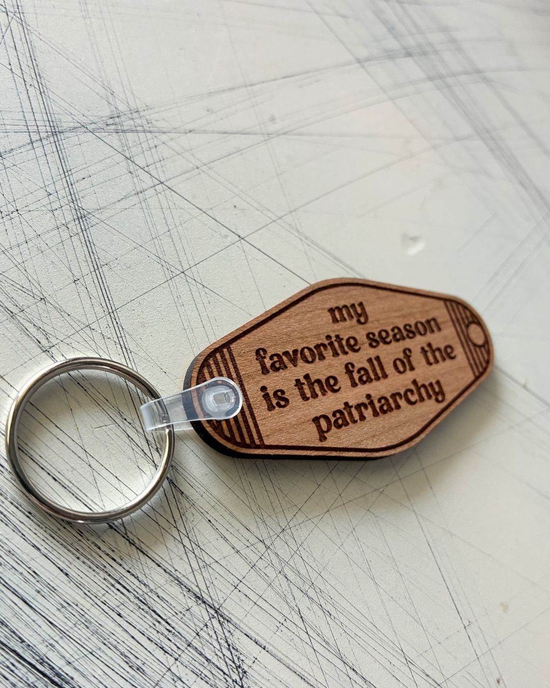 My favorite season is the fall of the patriarchy - wood motel-style keychain by Novotny Designs