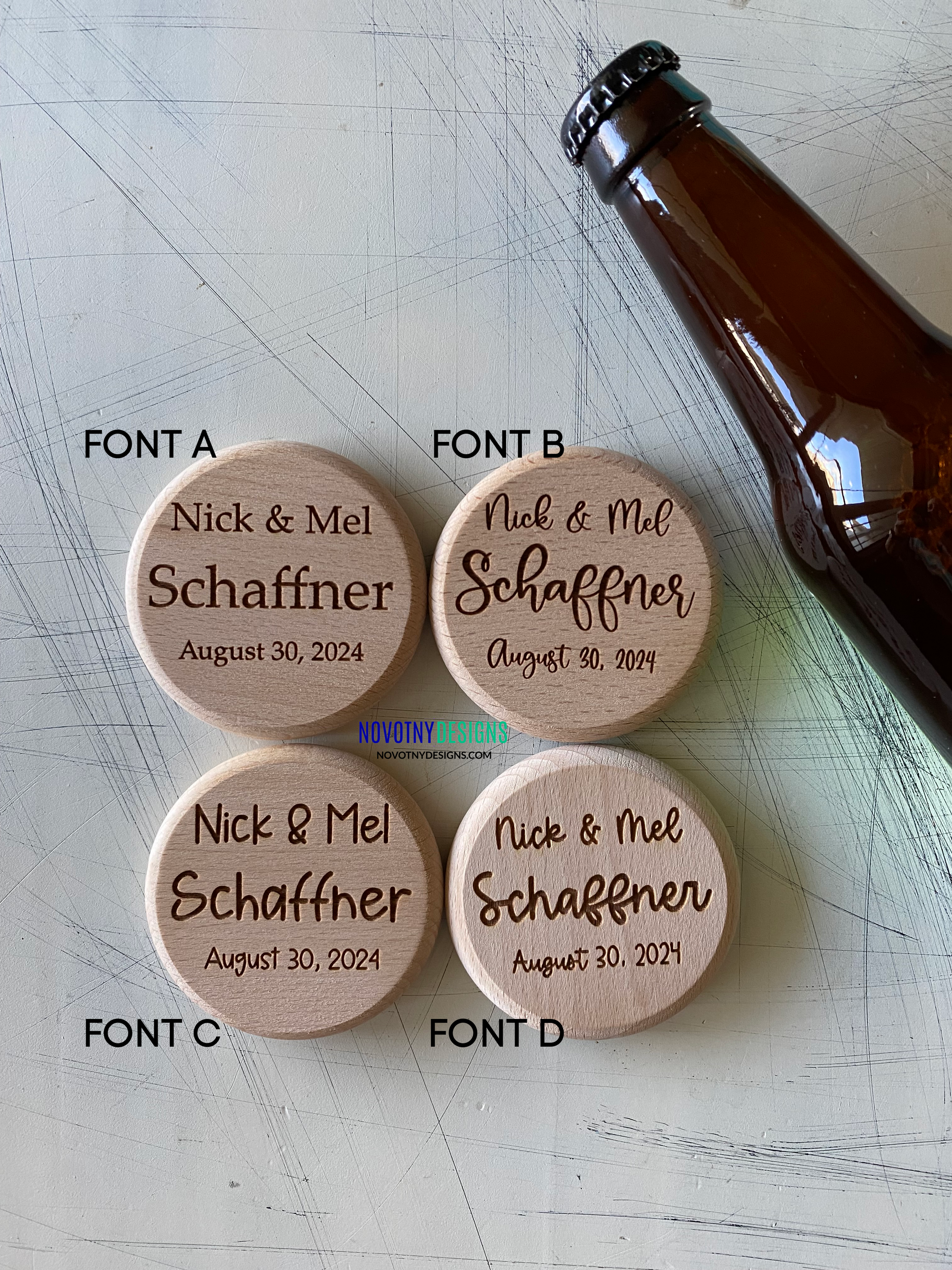 Customized bottle opener wedding favors - Novotny Designs - engraved wood magnetic opener