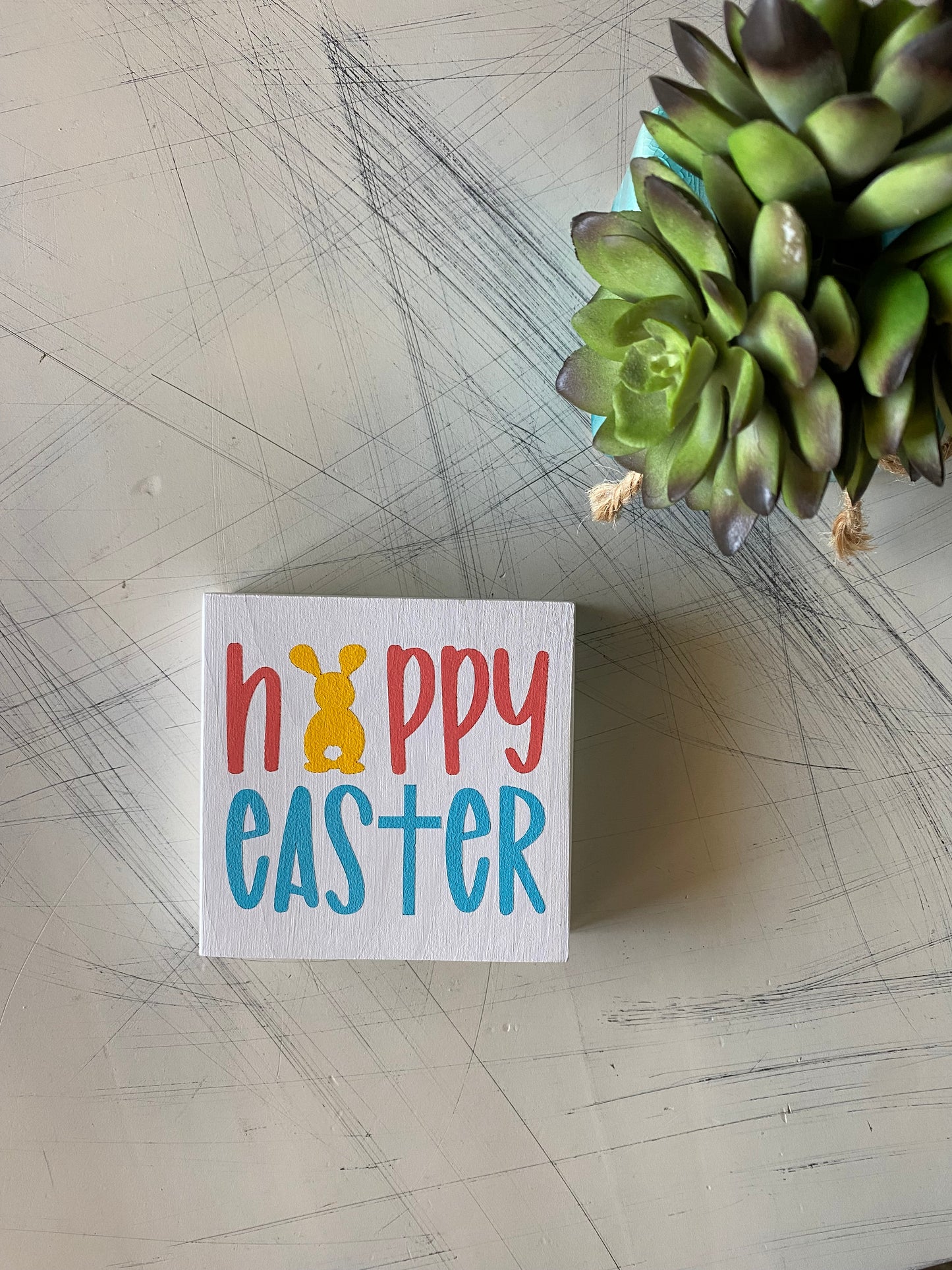 Happy Easter - bunny and cross - handmade mini wood sign