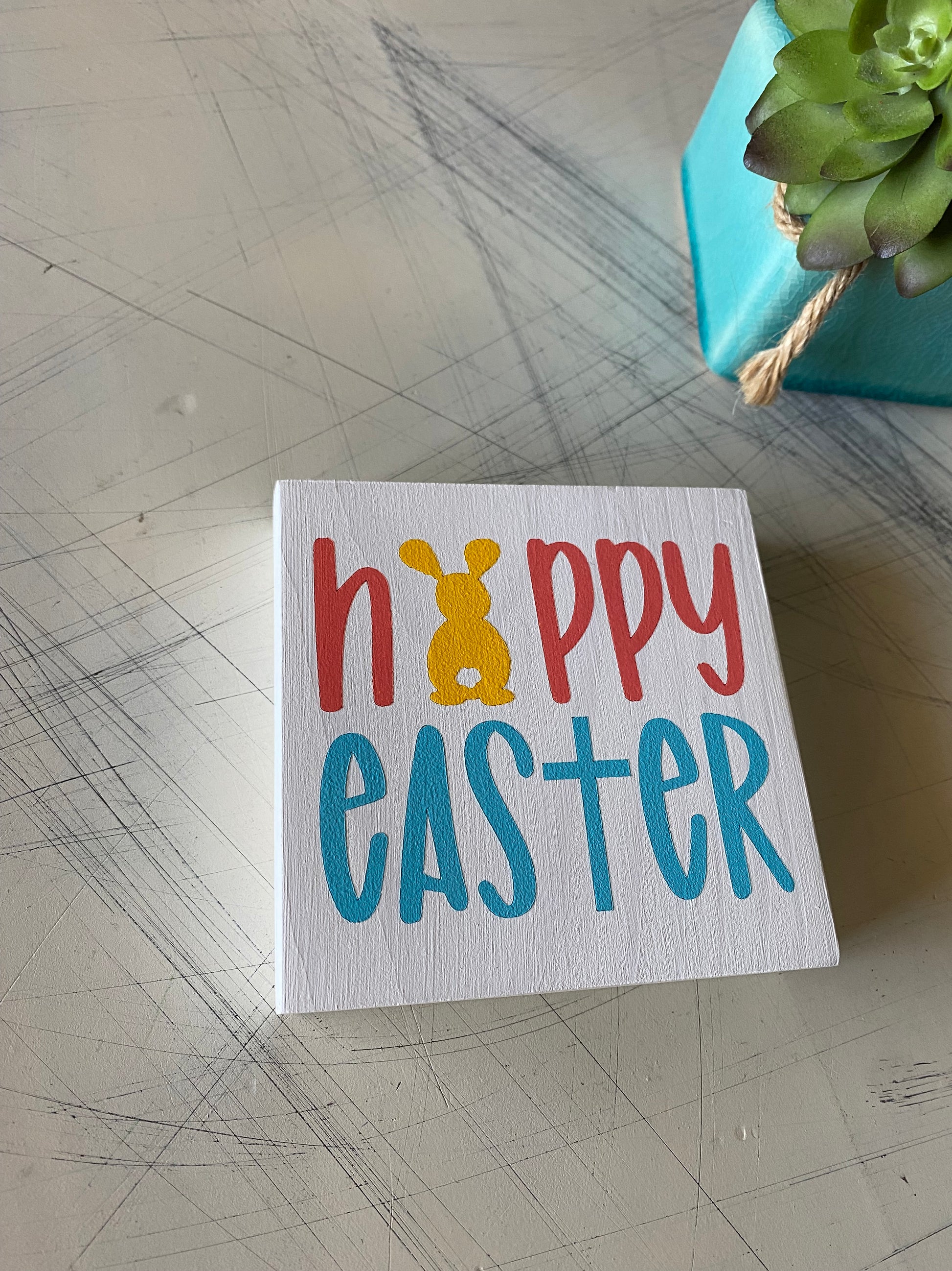 Happy Easter - bunny and cross - handmade mini wood sign