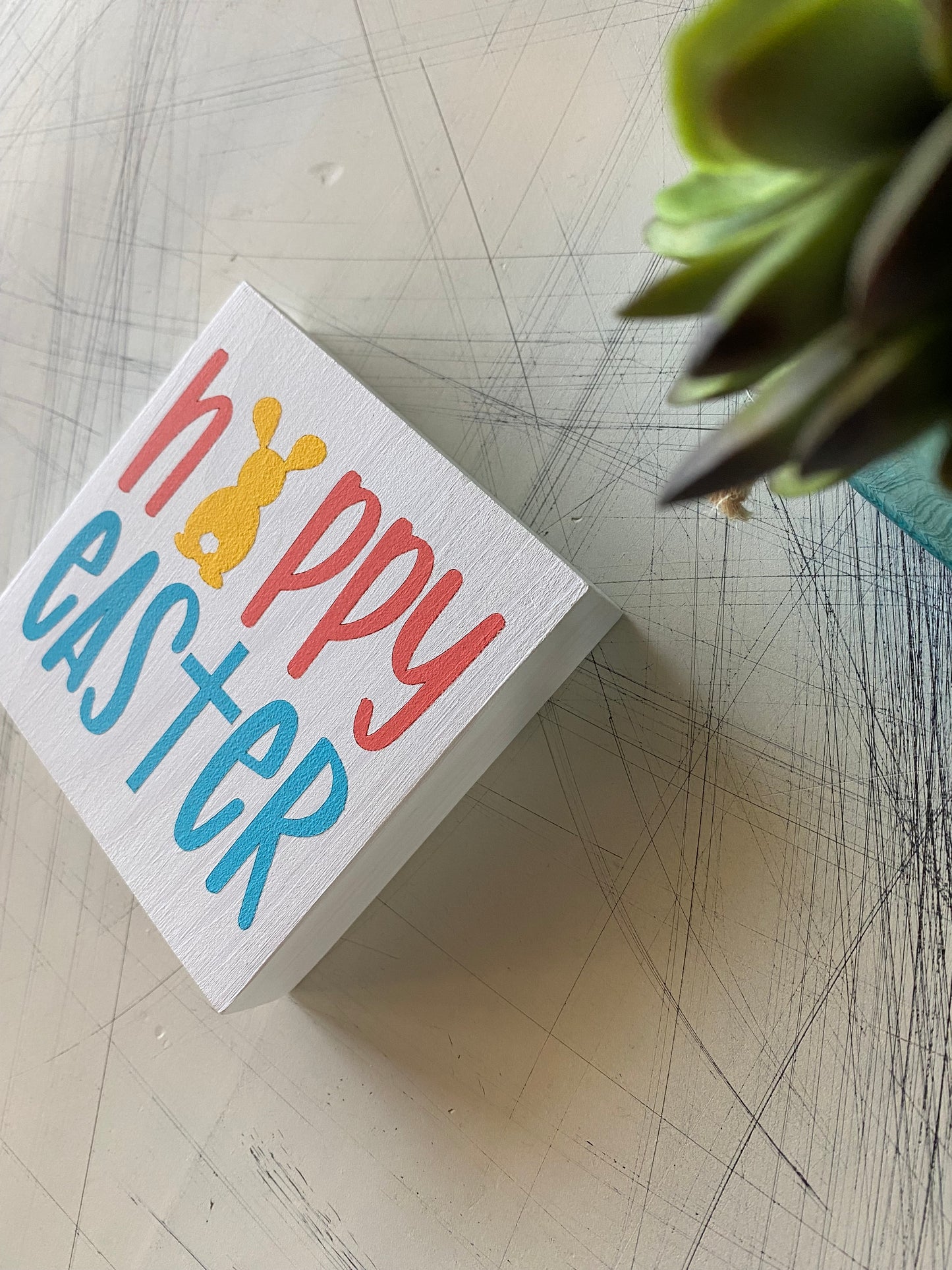 Happy Easter - bunny and cross - handmade mini wood sign