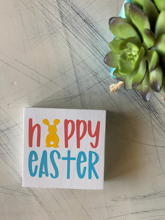Happy Easter - bunny and cross - handmade mini wood sign