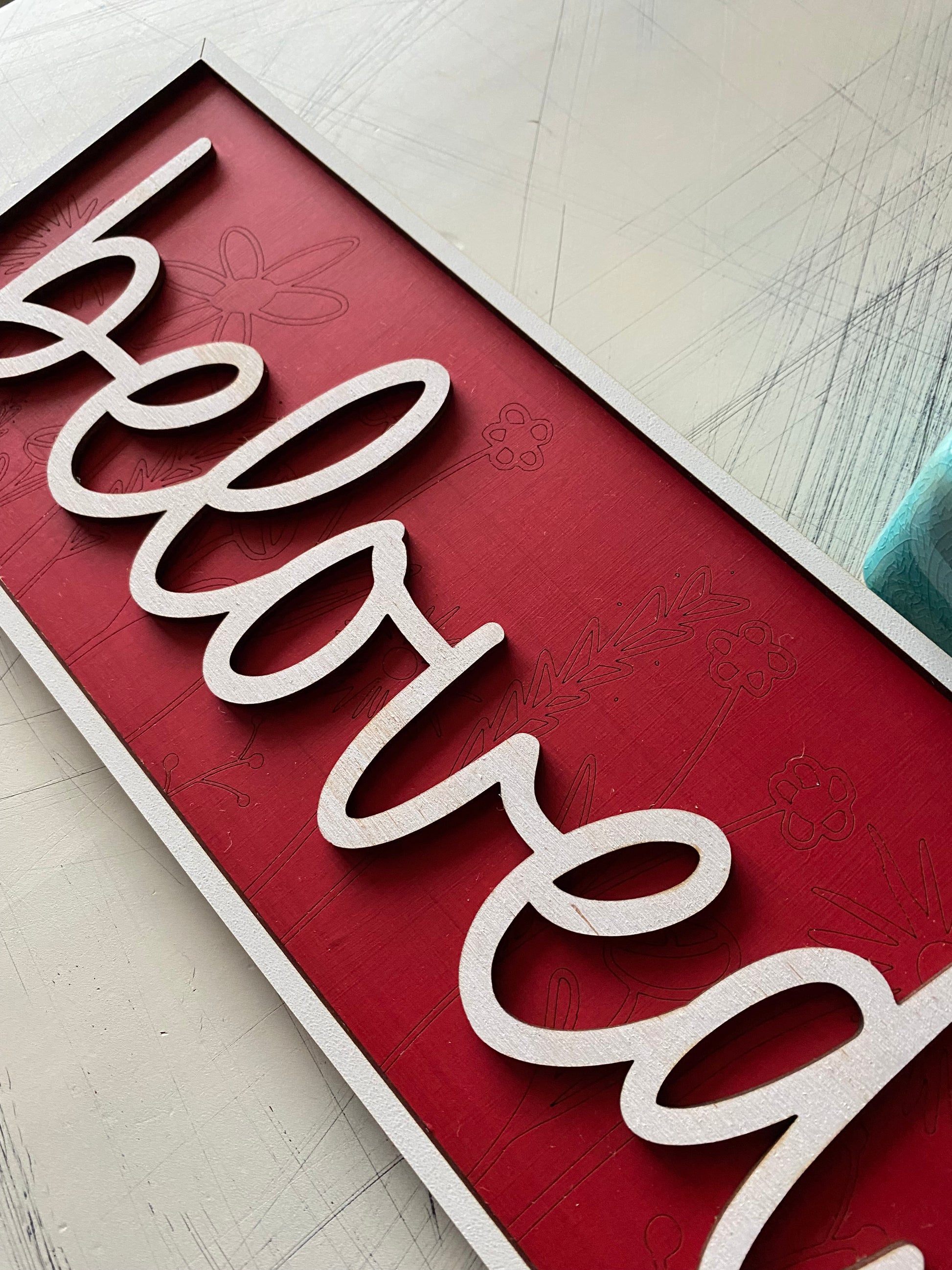 beloved - red and white 3d sign with hand drawn wildflower engraving