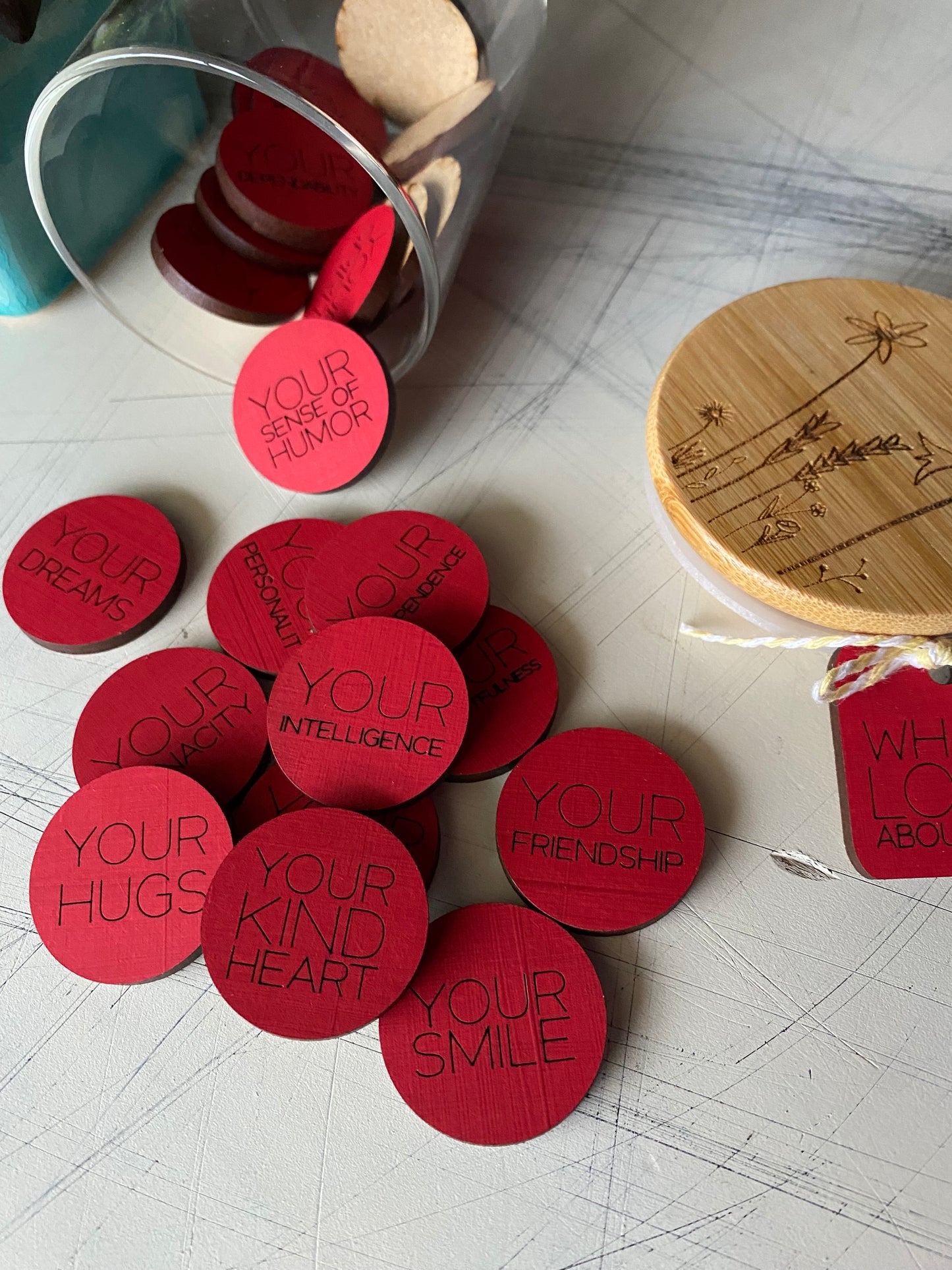 What I Love About You Token Jar - set of 25 engraved wood tokens