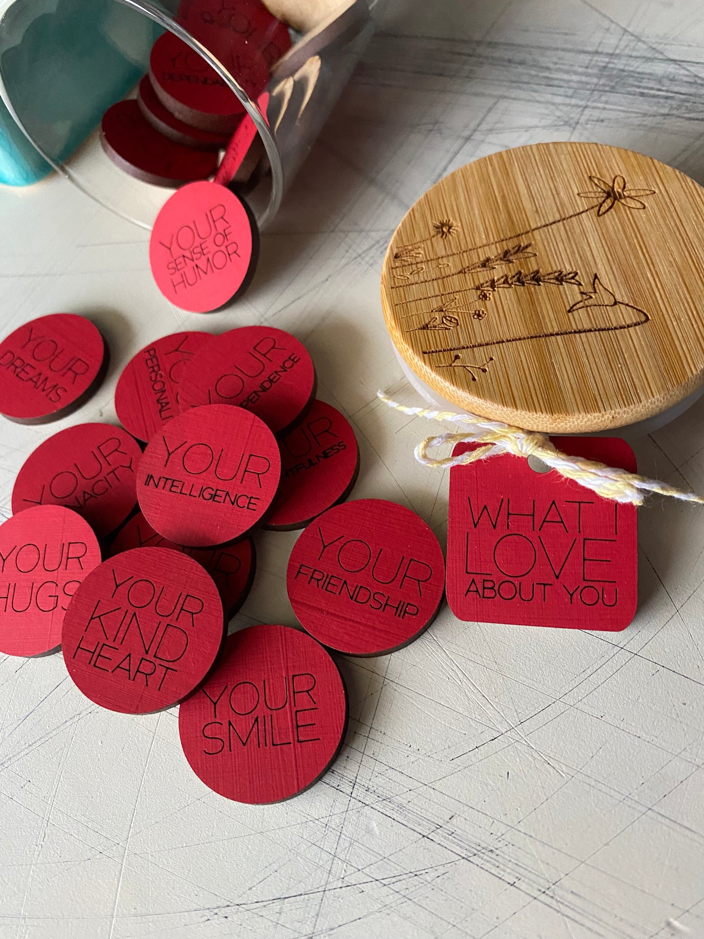 What I Love About You Token Jar - set of 25 engraved wood tokens