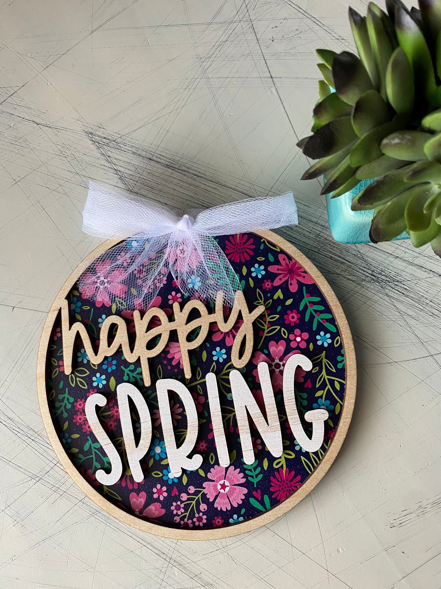 Happy Spring wood round sign